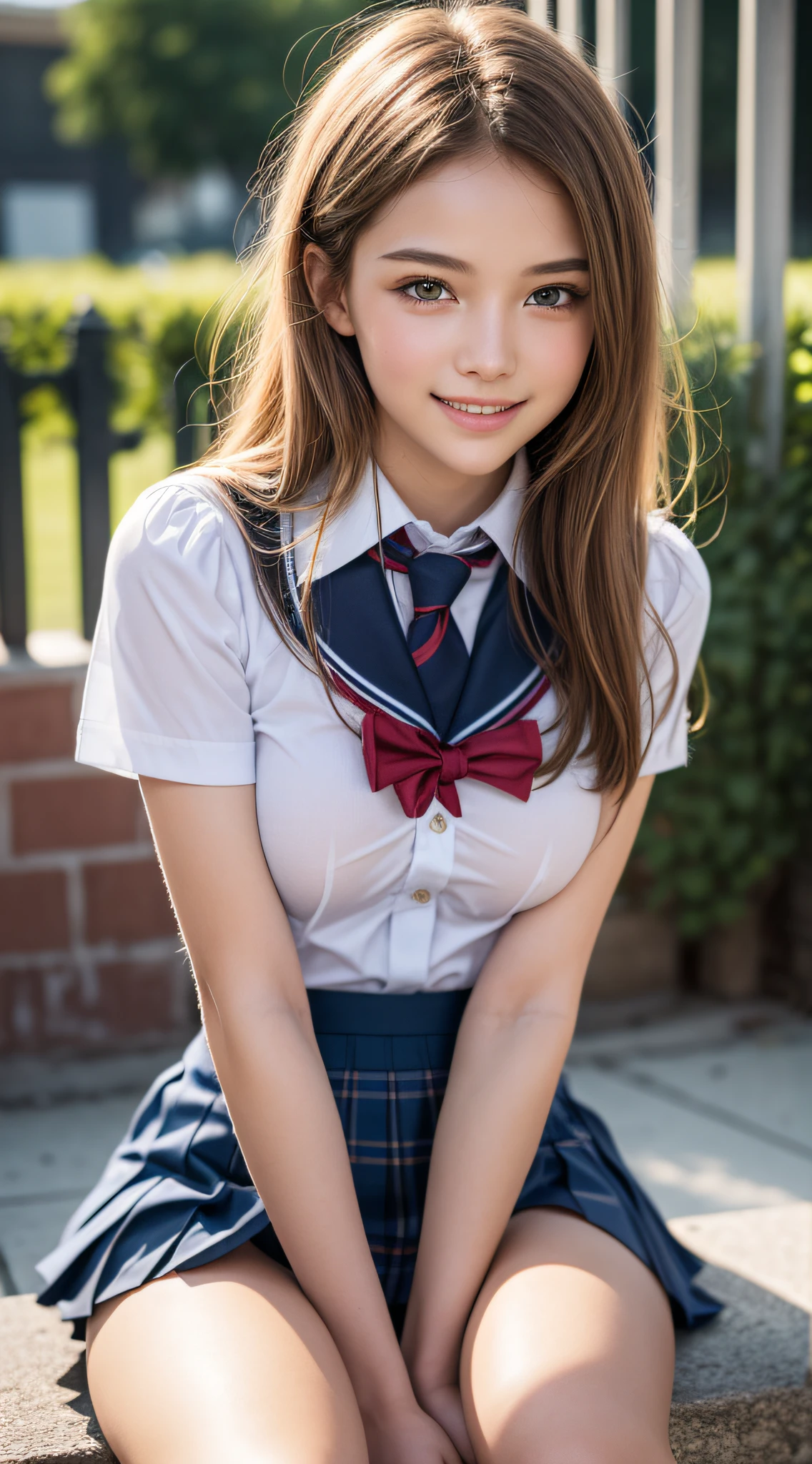 1girl, medium (shoulder-length:1.2) windblown [blonde:reddish-blonde:.2] hair, extremely cute face, Amazing face and eyes, (highly detailed eyes, highly detailed face), (hyper-realistic, hight resolution), (best Quality:1.4), Raw photo, (Realistic, Photorealsitic:1.37), Professional Photography, Cinematic Light, (lace bra:1.25), (amazing breasts:0.8), (school uniform, pleated mini skirt:1.5), (school uniform with open breasts), Smile slightly, Sitting, spread your legs wide open, Staring at me, outdoor, city, skyscraper,