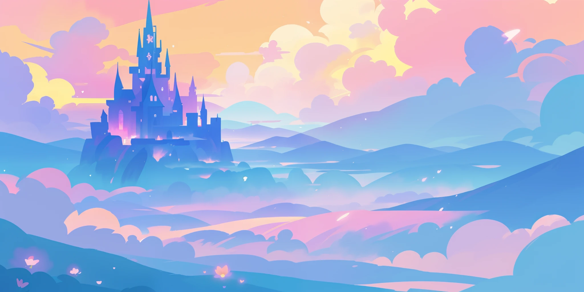beautiful fantasy landscape, vibrant colors, (((otherworldly landscape))), whimsical landscape, cloud castle, huge clouds, ocean of clouds, watercolor illustration, disney art style, glowing lights, beautiful digital illustration, fantasia otherworldly landscape plants flowers, beautiful, masterpiece, best quality, anime disney style