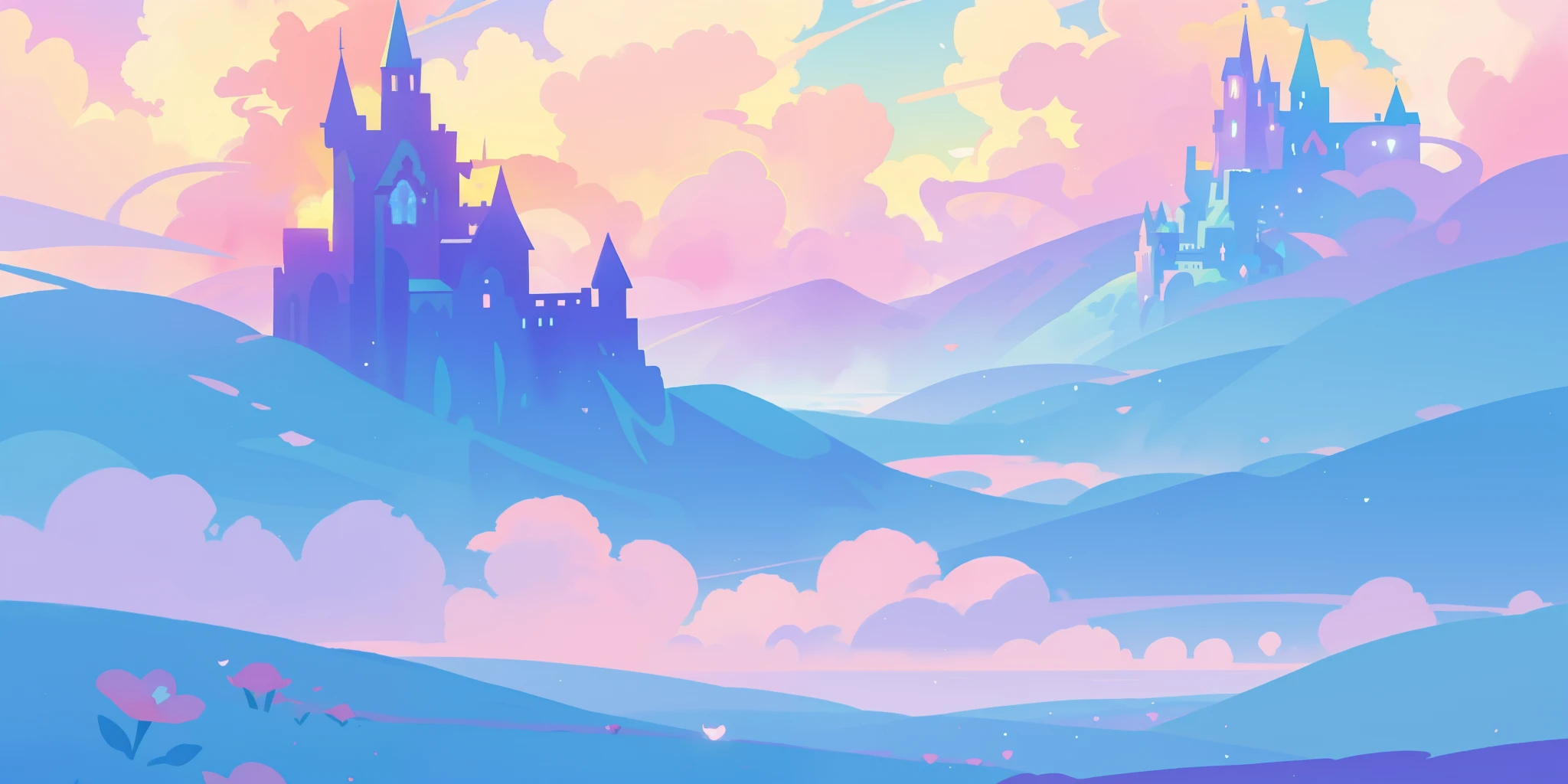 beautiful fantasy landscape, vibrant colors, (((otherworldly landscape))), whimsical landscape, cloud castle, huge clouds, ocean of clouds, watercolor illustration, disney art style, glowing lights, beautiful digital illustration, fantasia otherworldly landscape plants flowers, beautiful, masterpiece, best quality, anime disney style