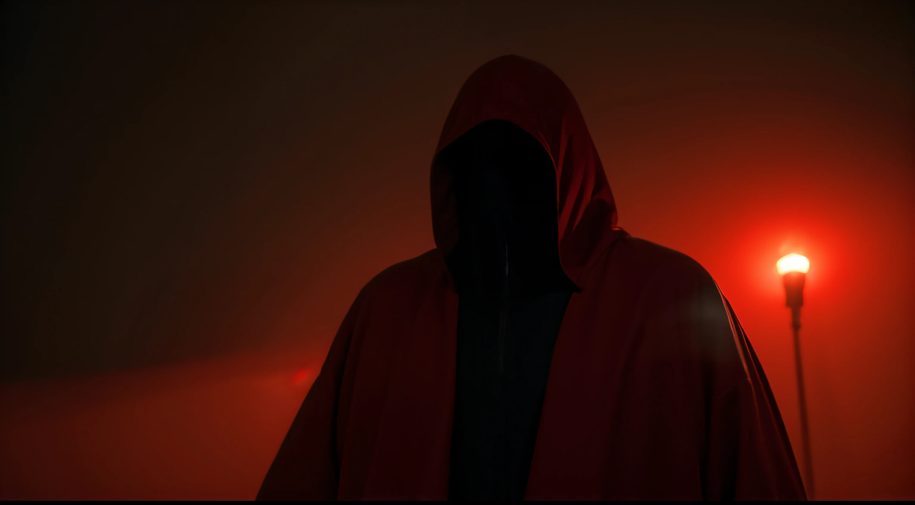 A faceless humanoid monster wearing a red robe, Chase four people, Horrible face facing the camera, red lights, Atmospheric red lighting, Red and movie lighting, cinematic red lighting, scary movie lights, Atmospheric red effect, atmospheric artwork, The vicious demonic aura, lovecraft horror movies, Detailed 4K horror artwork, Dark odor :sport, Haunting details and eerie environments.shot of: Fisheyes offer distorted and disturbing perspectives.settle: Low resolution enhances the sense of the unknown, chiaroscuro, afterimage, Surrealism, cinematic lighting, chromatic aberration, drop shadow, motion lines, retina