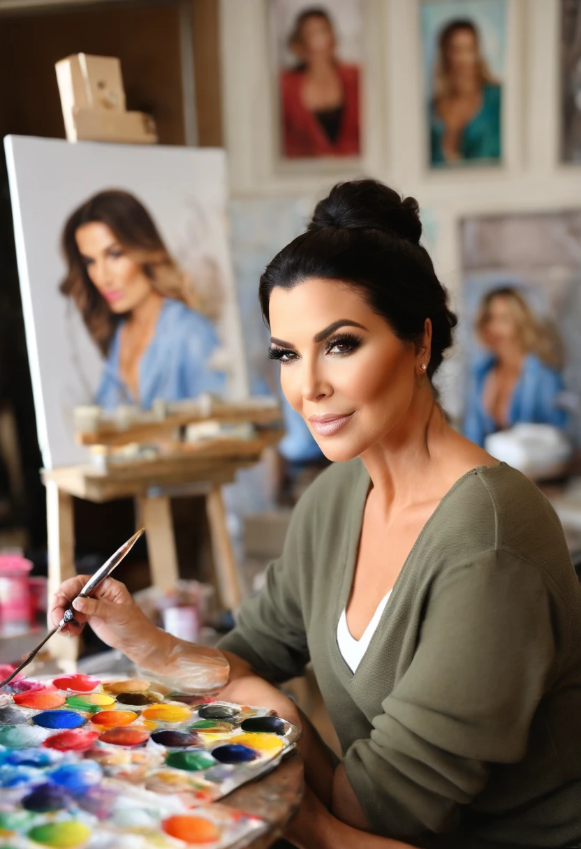A photo of Kim Kardashian enjoying a painting class and creating her own masterpiece.,original,She is a woman. She is short, with dark hair and brown eyes. She has large lips. She is known for her changing looks from plastic surgery. She is attractive and youthful in appearance.