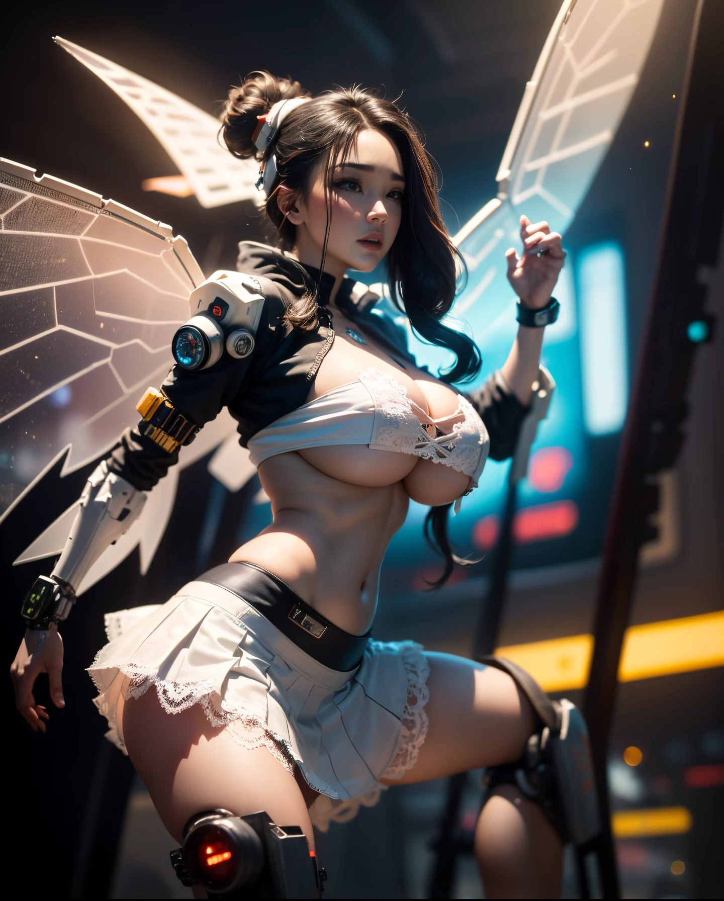 ((Best quality)), ((masterpiece)), (highly detailed:1.3), 3D, beautiful, (cyberpunk:1.6), in space, nebula, (holding_weapon:1.3), laser, (1Female mecha:1.3), sexy body, facing the audience, Glowing eyes, full body, (flying, swooping down, dynamic, motion blur: 1.4), (huge mech wings: 1.6), looking up, glowing_eyes, mecha, panorama, background is earth, nebula, space, particles, Reality, HDR (High Dynamic Range), Ray Tracing, NVIDIA RTX, Super Resolution, Unreal 5, Subsurface Scattering, PBR Textures, Post Processing, Anisotropic Filtering, Depth of Field, Maximum Clarity and Clarity, Multilayer Textures, Albedo and Specular maps, Surface shading, accurate simulation of light-material interaction, perfect proportions, Octane Render, two-tone lighting, large aperture, low ISO, white balance, rule of thirds, 8K RAW, efficient sub-pixel, sub-pixel volume product,  (best quality),(Japanese:0.5),(korean:0.8), (Liu Yi Fei:1.5) long hair, (big breast:1.2),(underboob:1.5), (white transparent lace mini skirt:1.5)