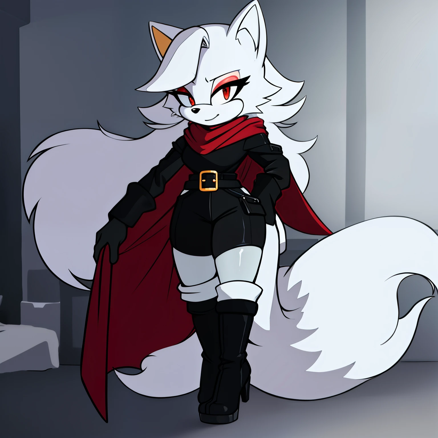 ((1girl)), ((solo)), female, mobian, fox, grayish white fur, furry, standing with crossed legs, black hooded cape, short red dress with black long sleeves, black leggings, white tactical belt around the waist, thigh highs, high heels, boots, ((long grayish white hair)), ((long hair)), ((hair over shoulders)), red eyes, cat like muzzle, hair bangs, red eyes, smile, looking at viewer, (background comfy looking bedroom), (best quality)