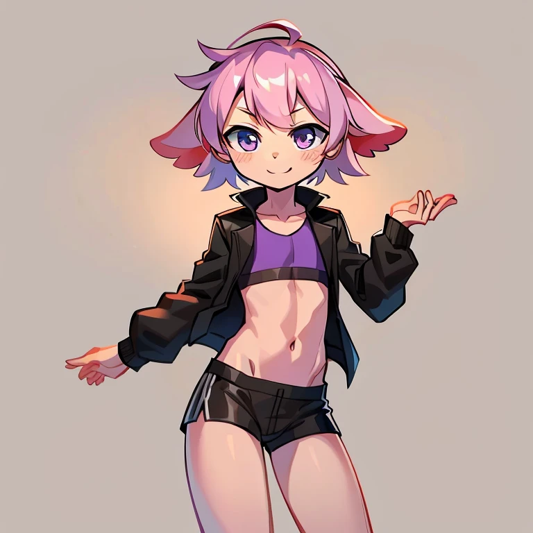 1boy, effeminate man, Axolotl, cute, Slim body, Black jacket, Purple cropped, Black shorts