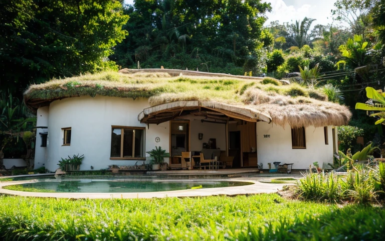 A photograph of a symmetrical contemporary house with (((green roof))) and (((biological pool))) in a tropical backyard, white plaster walls (((rustic clay stucco))), ((corner walls rounded)), ((rustic clay plaster)), (((white walls with rounded corners, organic curves))), (((rustic earth plaster, mud))), (((wave-shaped green roof with wooden edge))), (((wooden roof structure, wooden rake, wooden fascia board))), eaves, porch with wooden pillar, ((roof with wooden structure)), In Bali (((Tropical garden))) , ((natural houses, organic buildings, organic architecture)), Ecovillage, sustainable architecture, Bioconstruction, solarpunk architecture, (((grass roof, green roof, green wave roof, rounded roof, vegetated roofs))), ( (green architecture)), Passive house, (((Rock Foundation))), Clear sky in the background, painful beauty, modern, imposing, green house, ((Bali Hadid Style)), super resolution, cinematic, color grading , editorial photography, photography, photo shoot, (((dramatic front eye top angle view))), O 50mm, depth of field, intricate details, natural colors, sharp focus, warm light, shutter speed 1/1000 , F/22 , White Balance, Ray Trace Reflections, Lumen Reflections, Screen Space Reflections, Diffraction Rating, Chromatic Aberration, GB Shift, Partial Lighting, Backlighting, Daylighting, Scan Lines, ambient occlusion, antialiasing, shaders, OpenGL-Shaders, GLSL-Shaders, Post-processing, post-production, shading, tone mapping, incredibly detailed and complex, hypermaximalist, elegant, hyperrealistic, super detailed, dynamic pose, Fujifilm XT