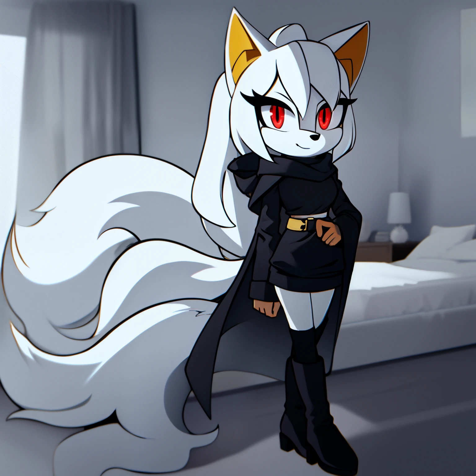 ((1girl)), ((solo)), female, mobian, fox, grayish white fur, furry, standing with crossed legs, black hooded cape, short red dress with black long sleeves, black leggings, white tactical belt around the waist, thigh highs, high heels, boots, ((long grayish white hair)), ((long hair)), ((hair over shoulders)), red eyes, cat like muzzle, hair bangs, red eyes, smile, looking at viewer, (background comfy looking bedroom), (best quality)