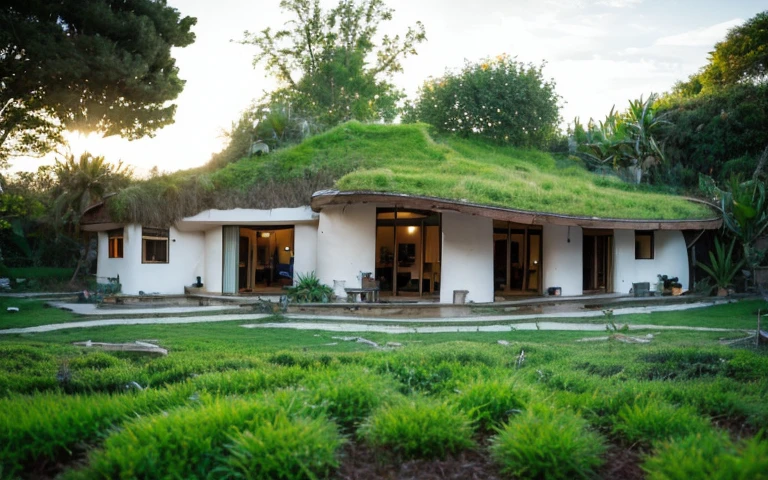 A photograph of a symmetrical contemporary house with (((green roof))) and (((biological pool))) in a tropical backyard, white plaster walls (((rustic clay stucco))), ((corner walls rounded)), ((rustic clay plaster)), (((white walls with rounded corners, organic curves))), (((rustic earth plaster, mud))), (((wave-shaped green roof with wooden edge))), (((wooden roof structure, wooden rake, wooden fascia board))), eaves, porch with wooden pillar, ((roof with wooden structure)), In Bali (((Tropical garden))) , ((natural houses, organic buildings, organic architecture)), Ecovillage, sustainable architecture, Bioconstruction, solarpunk architecture, (((grass roof, green roof, green wave roof, rounded roof, vegetated roofs))), ( (green architecture)), Passive house, (((Rock Foundation))), Clear sky in the background, painful beauty, modern, imposing, green house, ((Bali Hadid Style)), super resolution, cinematic, color grading , editorial photography, photography, photo shoot, (((dramatic front eye top angle view))), O 50mm, depth of field, intricate details, natural colors, sharp focus, warm light, shutter speed 1/1000 , F/22 , White Balance, Ray Trace Reflections, Lumen Reflections, Screen Space Reflections, Diffraction Rating, Chromatic Aberration, GB Shift, Partial Lighting, Backlighting, Daylighting, Scan Lines, ambient occlusion, antialiasing, shaders, OpenGL-Shaders, GLSL-Shaders, Post-processing, post-production, shading, tone mapping, incredibly detailed and complex, hypermaximalist, elegant, hyperrealistic, super detailed, dynamic pose, Fujifilm XT