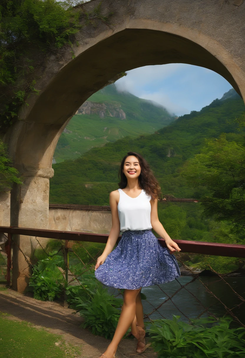 (((best quality))), high saturation, clear, reasonable structure, architecture, bridge, grass, house, mountain, outdoor, jk maiden, smile, cute, blue skirt, white top