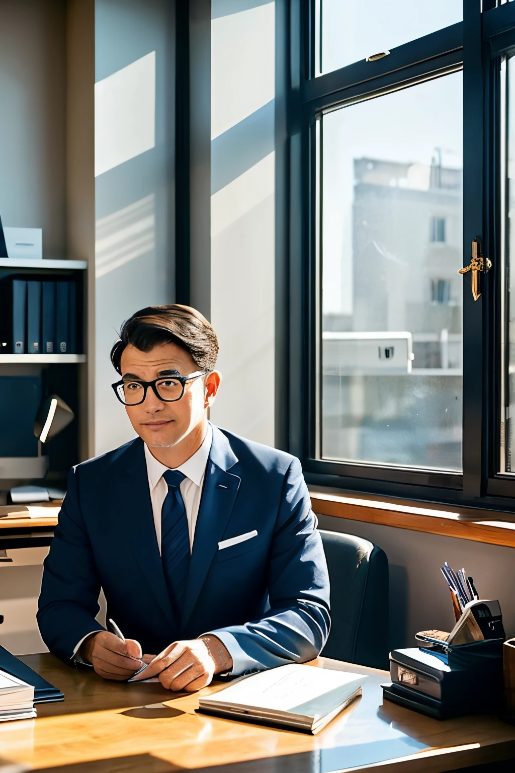 Office with sunlight shining through the window、High-level ranks、desk is tidy、Work hard at the computer、A man in his 40s wearing glasses、Best with navy blue suit、Caucasian of European descent