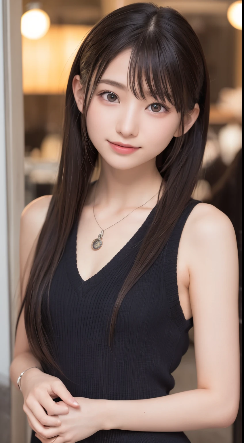 NFSW、masutepiece、masterpiece、1 girl in、(close up of face、cowboy shot)、Straight front view、japanes、very young cute woman、(The cutest girl in the world)、ar old、Smaller face、large full breasts、Autumn knit jacket、Sheer inner、Chiffon skirt、Ultra-detailed costumes、Smiling in a café、Scrunchie、Thin necklace、Glamorous figure、hyper cute face、shiny lip、Double eyelids in both eyes、 natural make up、long eyeslashes、shiny smooth light brown hair、bangss、Short twin tail hair、asymmetrical bangs、image in center、8K分辨率、high détails、Detailed hairstyles、A detailed face、spectacular movie lighting、octane renderings、with a vibrant、Ultra-realistic、Perfect limbs、perfect anatomia