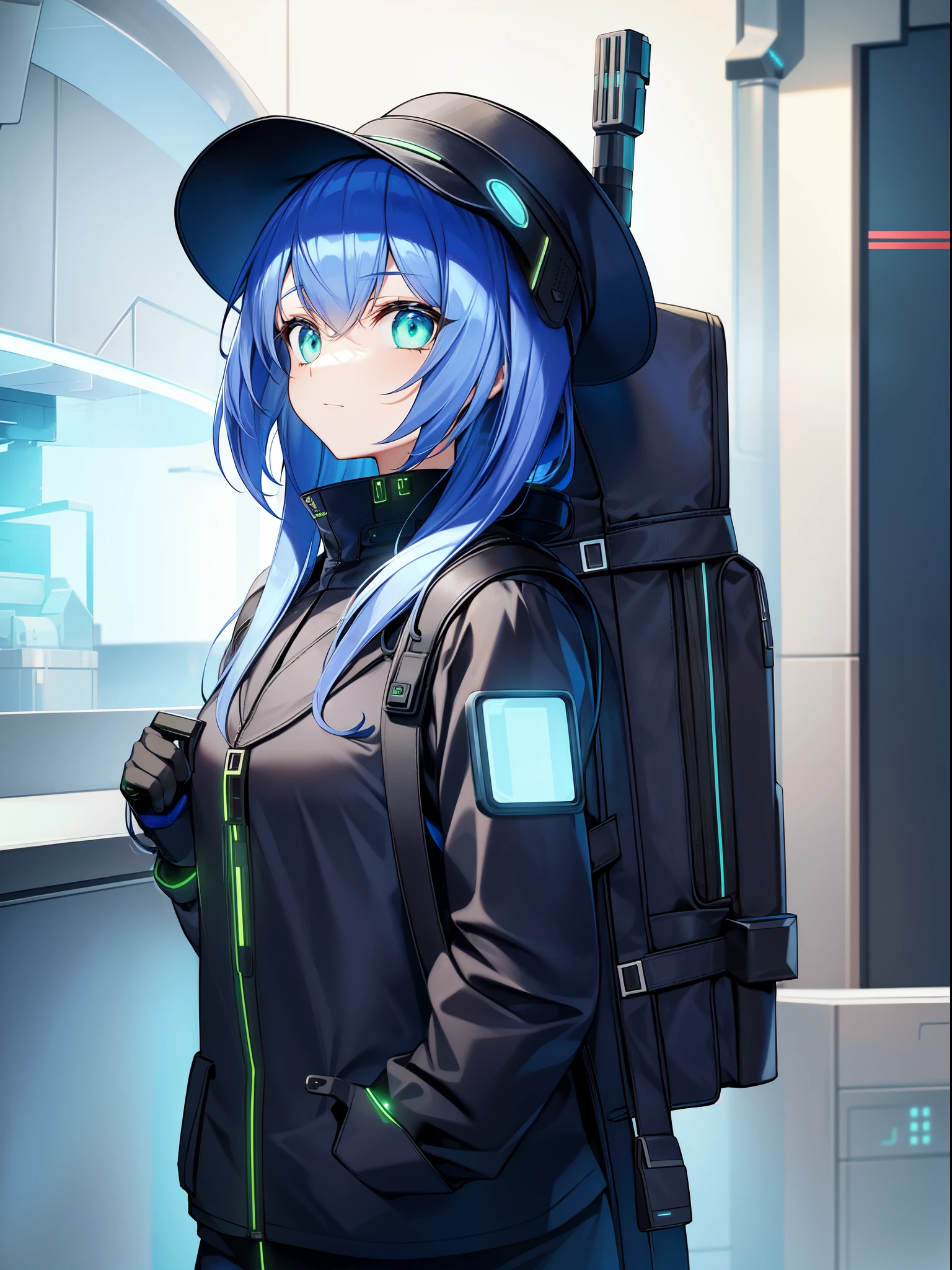 the future cyber dystopia, a futuristic sci-fi girl in a hat wearing a backpack, facing away from the viewer