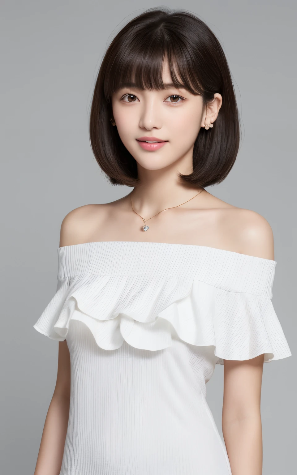 (top-quality, masterpiece, hight resolution), Beautiful 18 year old woman。sexy pose, slenderbody。Beautiful 18 year old woman。slender。She wears a white off-the-shoulder with white ruffles that only hide her breasts。Put your shoulders out、kindly smile、Show your teeth a little。Short bob hair、(Bob on the shoulder、straight haired、Straight bangs、On-eyebrow bangs)、stick out only one ear、foco nítido、(电影灯光)、鎖骨、ear ornament、a necklace、Light gray background