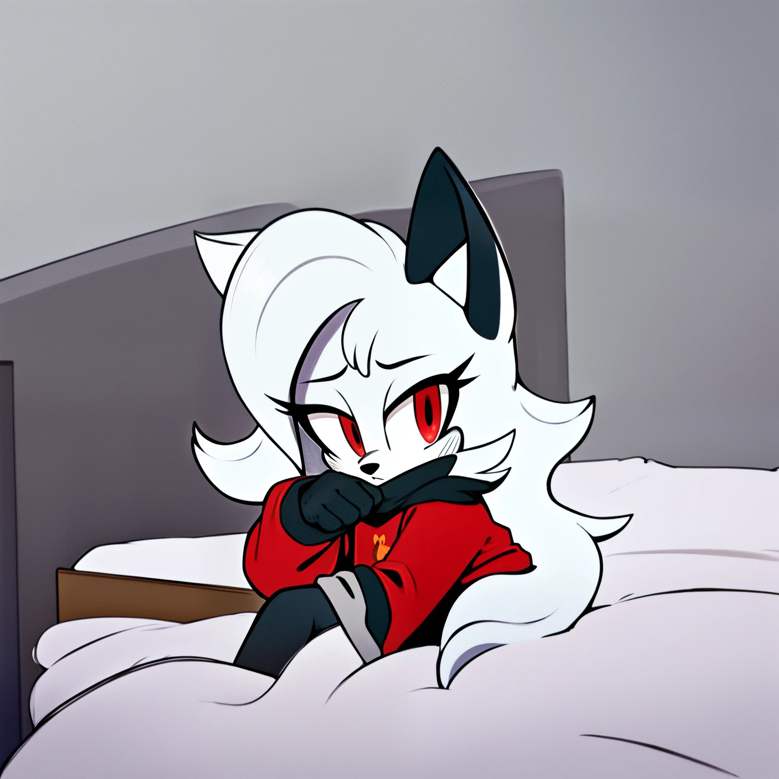 ((1girl)), ((solo)), female, mobian, fox, grayish white fur, furry, sitting on a bed, leaning forward, comfy red shirt with black long sleeves, comfy black leggings, ((long grayish white hair)), ((long hair)), ((hair over shoulders)), red eyes, cat like muzzle, hair bangs, red eyes, smile, is sleepy and tired, comfy, looking at viewer, (background comfy looking bedroom), (best quality)