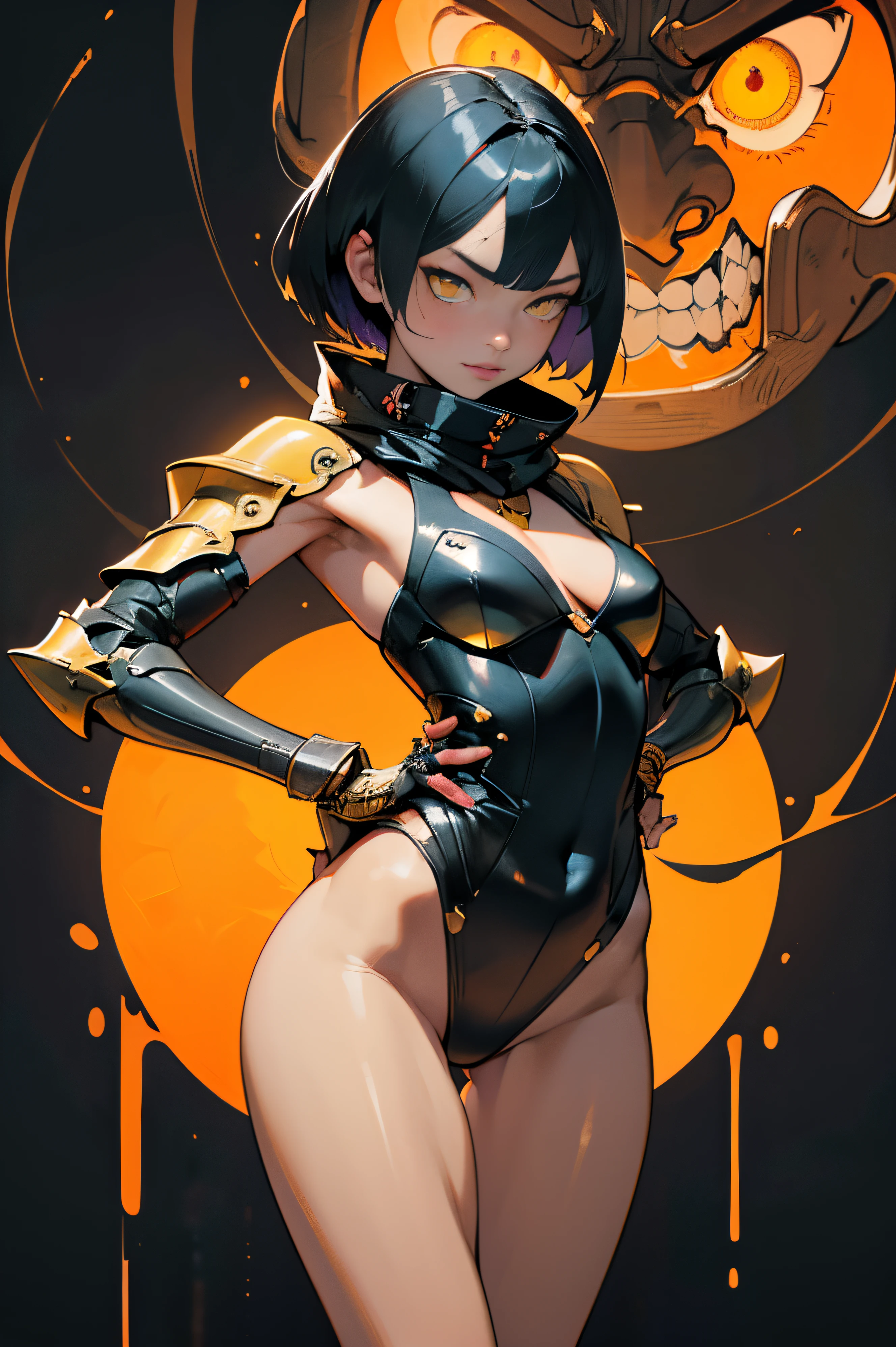 [Shinjuku background at night],(HENTAI ANIME) (Japanese NINJA Girl (Beauty) 15yo student) petite and muscular [Slim & fit body], Short Bob Cut,([hornet] Orange Ninja Battle Armor) scarf [stall] ((Fitting rubber inner) [honeycomb] [edg]) hair adornments (Dull metallic luster:0.8),gravure [KUNOICHI],(Perfectly proportioned),Ideal color coordination),(Intricate and beautiful decoration (Dense detail)),[Perfect hand details],(Beautiful perfect face, yellow eyes, yellow irises, [Perfect eye details, [Full body like], fit thighs, thigh gap,[[Desaturation]].