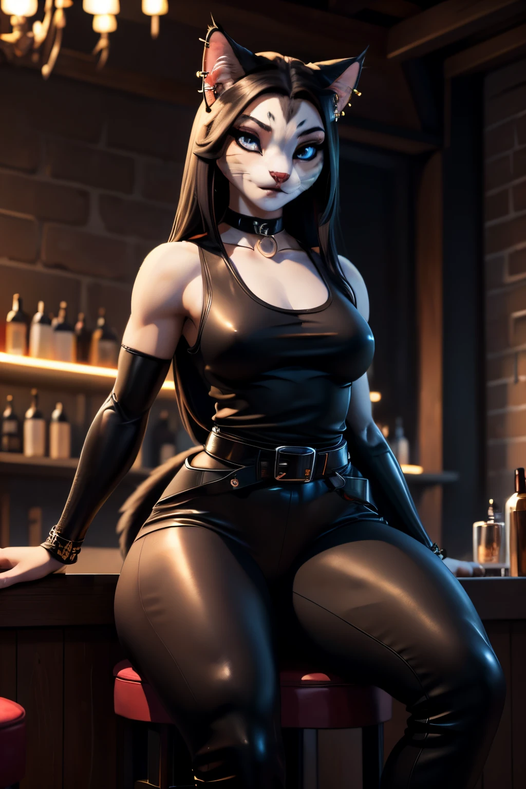 ((ultra quality)), ((tmasterpiece)), Girl-khajiit, goth, anthro cat, furry,, ((Black long hair)), ((there are piercings and rings in the ears)), ((there are only cat ears)), ((There is a cat's long tail in the back)), Beautiful cute face, beautiful female lips, charming beauty, ((sexy facial expression)), looks at the camera with his eyes slightly closed, ((Skin color: white)), ((there is cat hair on the body)), Body glare, ((detailed beautiful female eyes)), ((kblack eyes)), ((dark makeup)), beautiful female hands, ((perfect female figure)), ideal female body shapes, Beautiful waist, nice feet, big thighs, Beautiful butt, ((Subtle and beautiful)), sitting seductively on a bar stool at the bar, hands on the chair ((seen from behind)) ((closeup face)), ((wearing black leather pants with a black belt, black sleeveless tank top, black choker around the neck, black boots with a large platform), background: night club a lot of crowd noisy party, ((Depth of field)), ((high quality clear image)), ((crisp details)), ((higly detailed)), Realistic, Professional Photo Session, ((Clear Focus)), ((cartoon)), the anime, NSFW