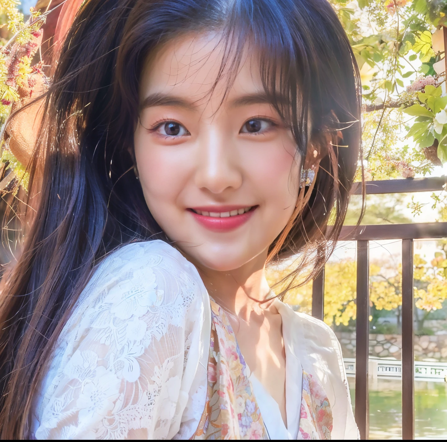 Yunjin do le sserafim (best quality,highres,ultra-detailed),realistic,portrait,beautiful detailed eyes and lips,smiling,wearing traditional Korean hanbok dress,posed in a blooming flower garden,pink and purple color tones,soft natural lighting,floral accessories in her hair,graceful posture and expression,ethereal atmosphere,light breeze gently moving her dress,long flowing black hair,peaceful and serene ambiance,delicate cherry blossom petals falling in the background,traditional Korean palace architecture in the distance,expressing joy and happiness,subtle makeup enhancing her natural beauty,vivid colors,sharp focus to capture every intricate detail,embodying the essence of Korean beauty and culture,artistic interpretation of a Korean princess.