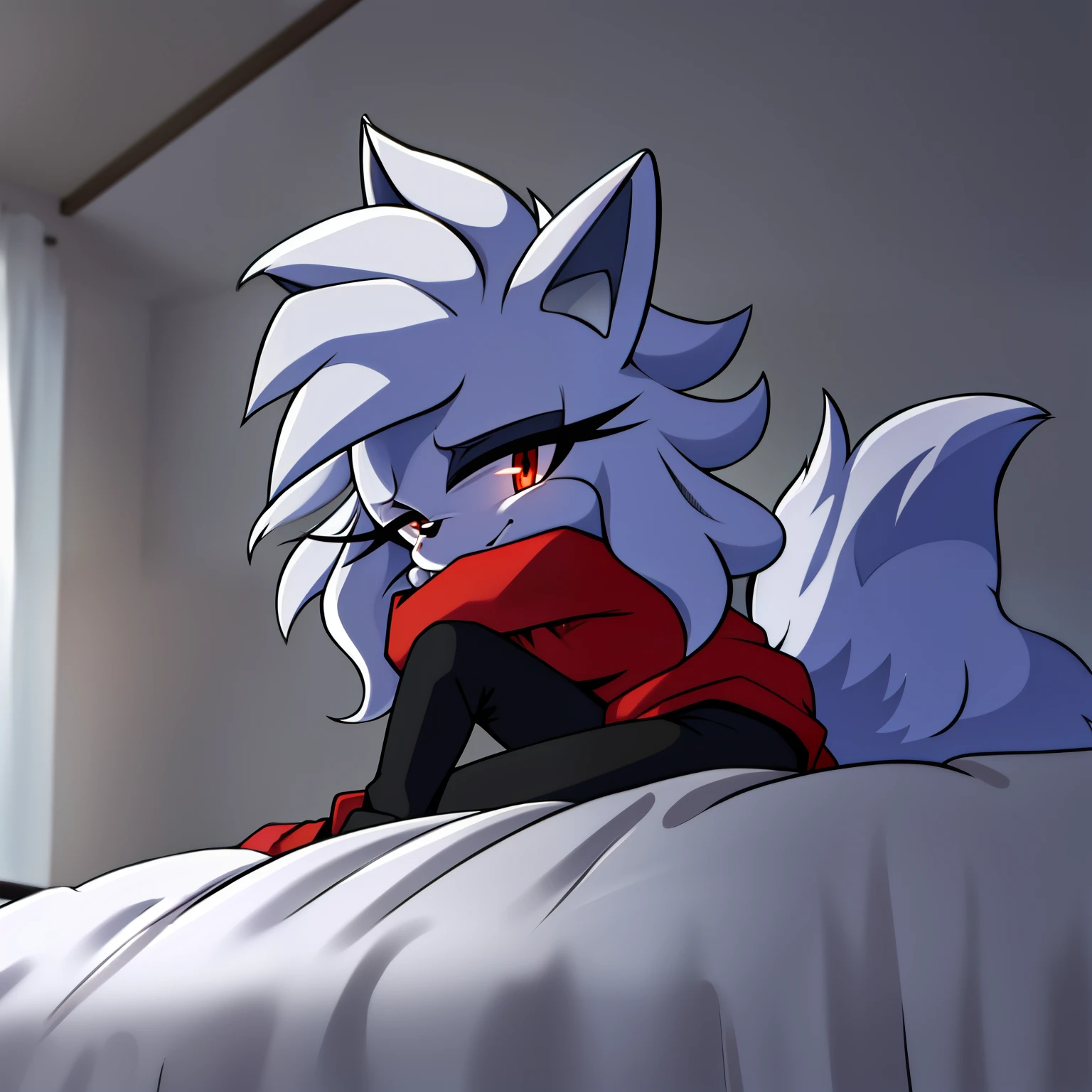 ((1girl)), ((solo)), female, mobian, fox, grayish white fur, furry, sitting on a bed, leaning forward, comfy red shirt with black long sleeves, comfy black leggings, ((long grayish white hair)), ((long hair)), ((hair over shoulders)), red eyes, cat like muzzle, hair bangs, red eyes, smile, is sleepy and tired, comfy, looking at viewer, (background comfy looking bedroom), (best quality)