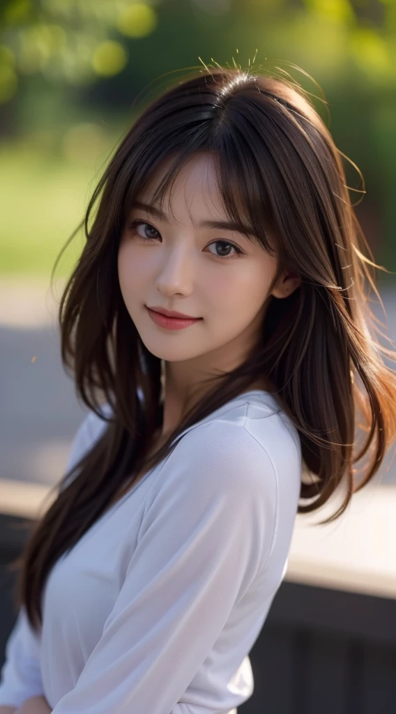 tmasterpiece, Best Picture Quality, high qulity, Beutiful women, japanes, Detailed pubic hair, 詳細な目, Delicate skin, Beautiful skins, 超A high resolution, (Realistis: 1.4),It's beautiful, The face is slightly younger, Beautiful skins, Elongated, (ultra real photo), (A high resolution), (8K), (The is very detailed) (美丽詳細な目), (超詳細), tee shirt, trouser, (Wallpapers), (Detailed pubic hair脸), view the viewer, finely detailled, Detailed pubic hair脸, Smiling, Staring straight ahead, Staring straight ahead, From the angle of waist up, Photorealistic photos, Bright lights, profesional lighting, Mature woman, Brown hair, Shoulder-length straight hair swaying in the wind, long stylish bangs,