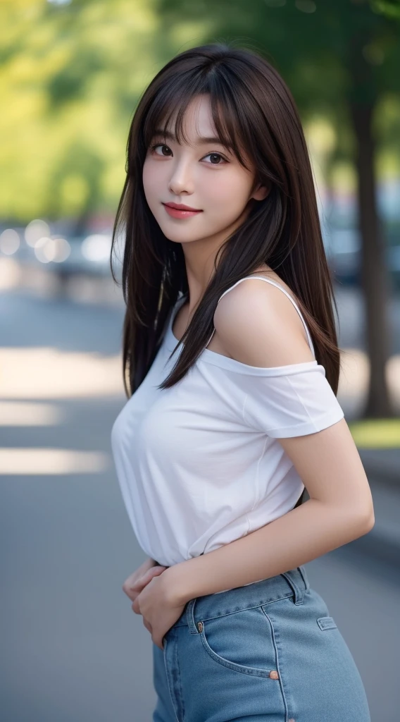 tmasterpiece, Best Picture Quality, high qulity, Beutiful women, japanes, Detailed pubic hair, 詳細な目, Delicate skin, Beautiful skins, 超A high resolution, (Realistis: 1.4),It's beautiful, The face is slightly younger, Beautiful skins, Elongated, (ultra real photo), (A high resolution), (8K), (The is very detailed) (美丽詳細な目), (超詳細), tee shirt, trouser, (Wallpapers), (Detailed pubic hair脸), view the viewer, finely detailled, Detailed pubic hair脸, Smiling, Staring straight ahead, Staring straight ahead, From the angle of waist up, Photorealistic photos, Bright lights, profesional lighting, Mature woman, Brown hair, Shoulder-length straight hair swaying in the wind, long stylish bangs,