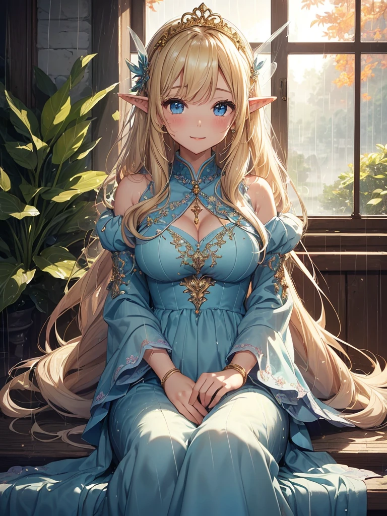 top-quality、Top image quality、​masterpiece、The season is autumn、girl with((20yr old、Best Bust、big bast、Bust 90,Beautiful blue eyes、,Blonde long hair、A slender、Fairy feathers、In beautiful dresses of various colors、a closeup、sit on a bench in the fairy palace、Gold ring on wrist、beautiful tiara、hiquality、Beautiful Art、Background with((Lots of rain)))masutepiece、visualart、depth of fields、It's raining outside、、　、low angles、A sexy、Elven ears、Feathers glow in iridescent colors、light magic、By the window of a beautiful palace、big tree outside、Autumn leaves、Flute melodies🎵、Happy smile、Cloudy sky and rain、dark sky　In sister