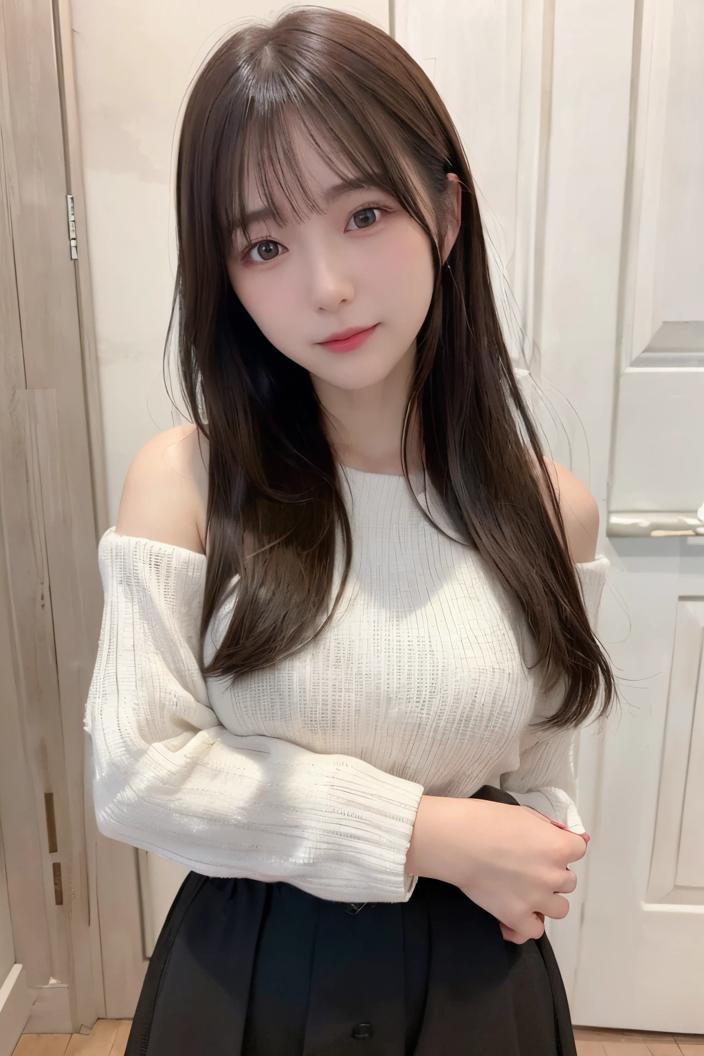ultra-detailliert, hight resolution, (realisitic, Photorealsitic:1.4), 8K, Raw foto, (masterpiece), (top-quality)、((30-year-old woman with))、long brown hair、8K、(RAW Photography)、(top-quality)、(Photorealsitic:1.4)Realistic to the touch Realistic、(4K high image quality:1.2)、(High resolution, masutepiece, of the highest quality, high detailing, Official: 1.4), (Realistic: 1.2, hyper realisitic: 1.1, Photorealistic: 1.37), depth of fields, (Detailed description of hair), (Detailed description of face),Detailed details,、hight resolution、hightquality、mix4,(top-quality), (Photorealsitic),(Shabby white door background:1.2)、(Dark brown hair)、Random Poses、Other shots、(Clothing that covers the shoulders:1.5)、(Winter clothes:1.5)