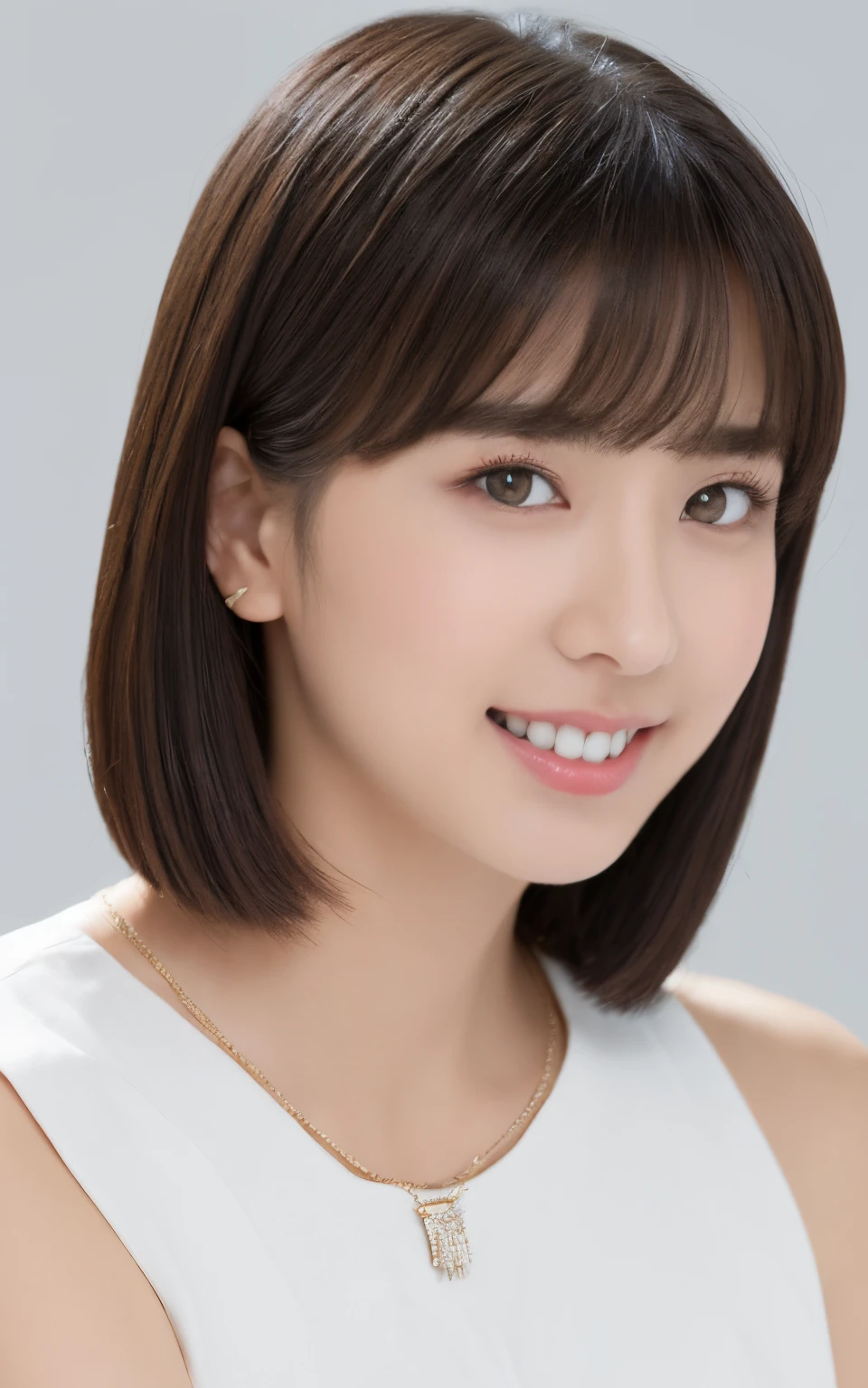 (top-quality, ​masterpiece, hight resolution), Beautiful 18 year old woman。sexy  pose, slenderbody。Beautiful 18 year old woman。slender。She wears a white off-the-shoulder with white ruffles that only hide her breasts。Put your shoulders out、kindly smile、Show your teeth a little。Short bob hair、(Bob on the shoulder、straight haired、Straight bangs、On-eyebrow bangs)、stick out only one ear、foco nítido、(电影灯光)、鎖骨、ear ornament、a necklace、Light gray background