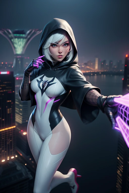 Ghost-Spider (Marvel comics), aka Spider-Gwen, with hood, Albrecht Durer hands, taking a selfie on top of a Singapore skyscraper, Singapore city in the background, flerting, full body, extremely realistic, cyberpunk, psychedelic, sexy, night, perfect hands, movie scene, cinematic, clear -dark, hair backlight, volumetric lighting, particle fx, fog, sharp focus, UHD, 16k, [prompt created by Kico Toralles]