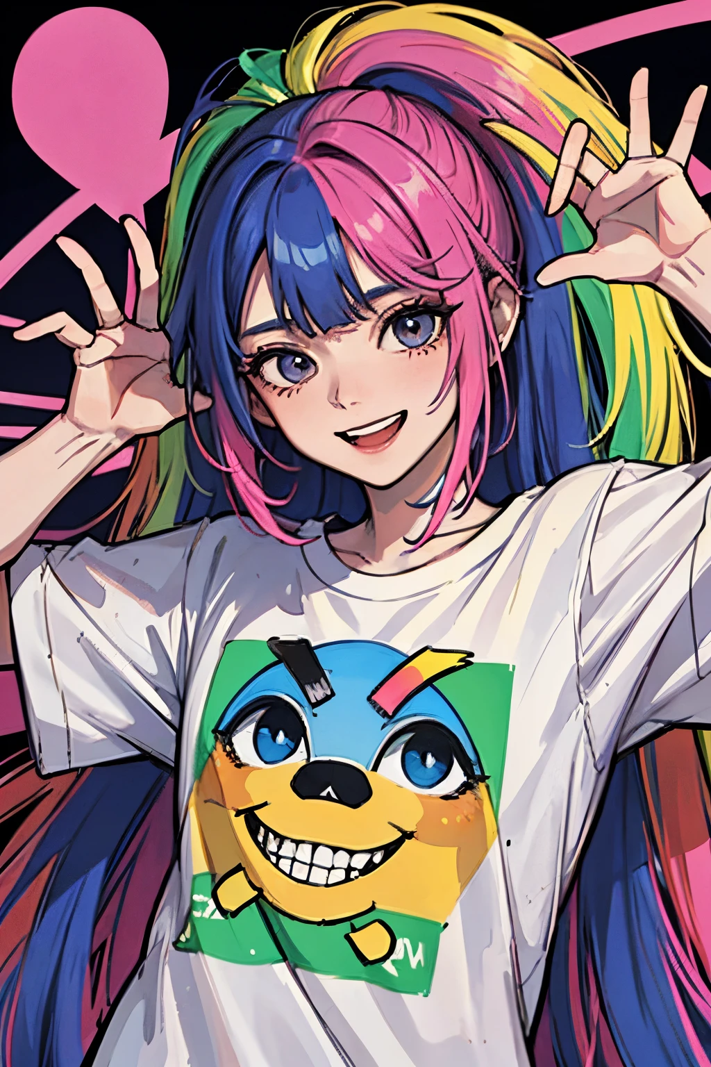 15 year old girl with rainbow hair, cabelos compridos, psychotic smile, seios pequenos, camiseta curta, look despojado
