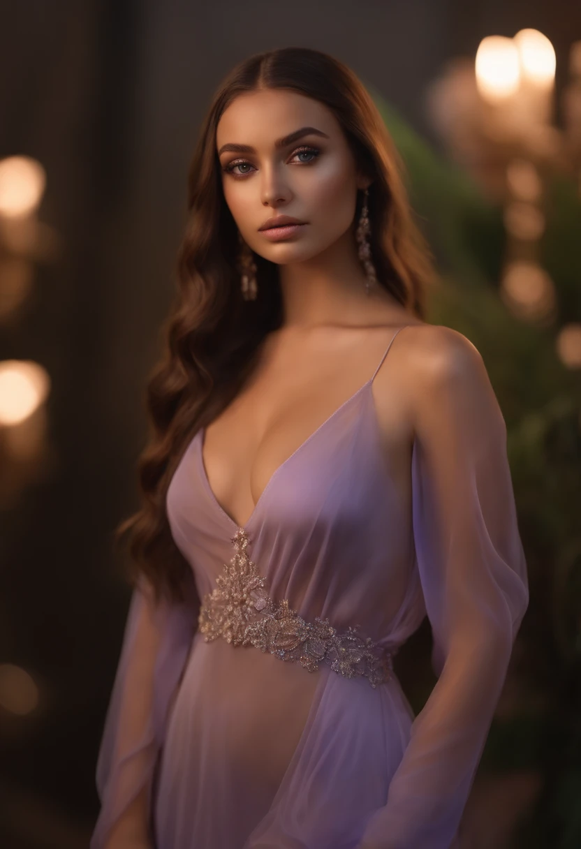 arafed woman wearing sheer dress, body shot, sexy girl with light brown, sophie mudd, brown hair and large eyes, super realistic, 4k, violet myers, natural makeup, looking directly at the camera, face with artgram, subtle makeup, cute girl, sexy pose, brunette goddess, high detail, full body shot, full body,