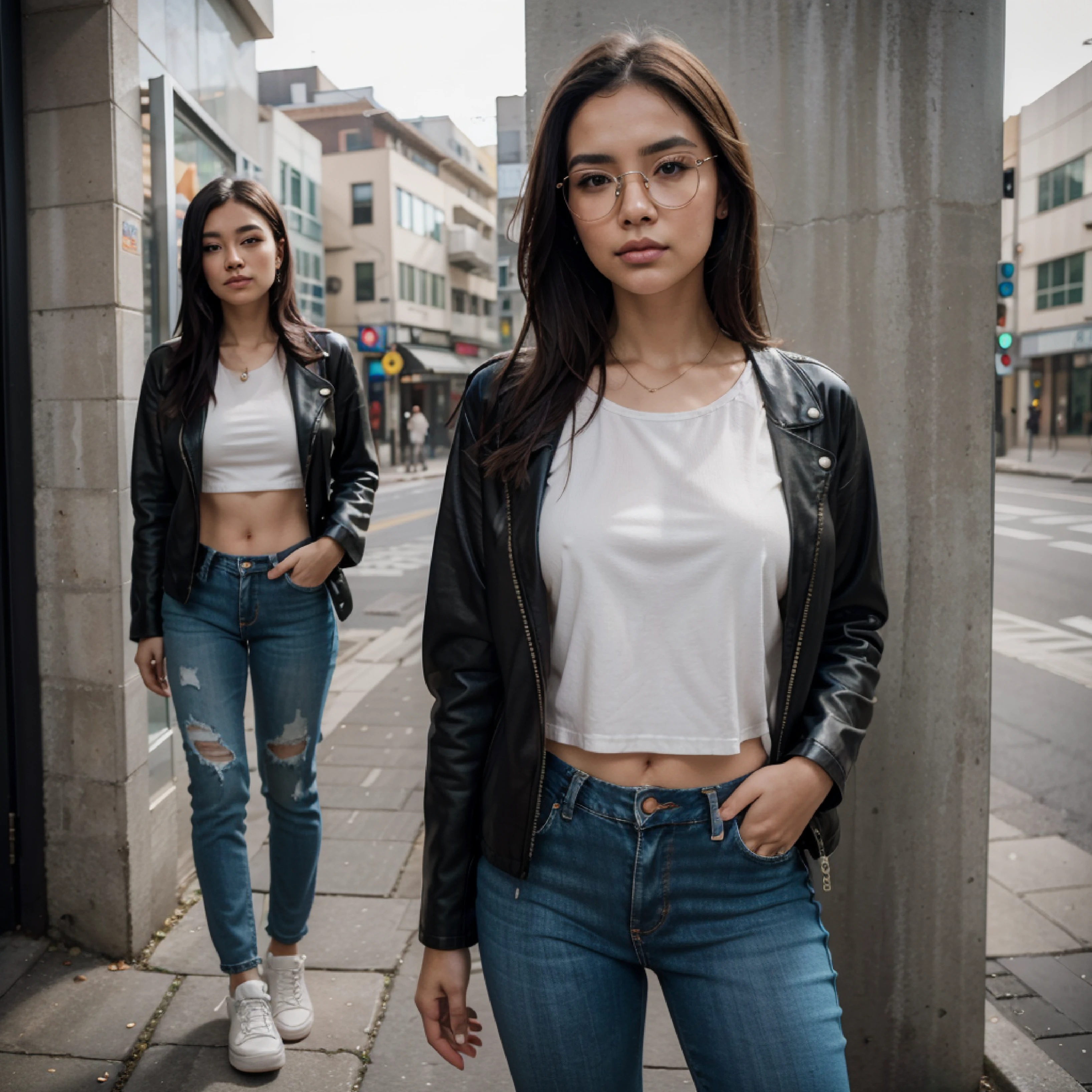 Modern Portrait Against a Minimalist Wall
Photography Style: Street Fashion
Subject: Photorealistic portrait of a 25-year-old Thai girl with long, flowing black hair and striking brown eyes.
Pose: Standing against a minimalist wall, exuding confidence and strength.
Framing: Full body
Camera Angle: Eye level
Camera Properties: Fujifilm X-T4
Lens: 50mm
Photographer: Brandon Woelfel
Background: A simple, minimalist wall serves as a backdrop for the portrait, emphasizing individuality and character.
Outfit: Street-style inspired, with distressed jeans and a leather jacket. Trendy sneakers and oversized sunglasses complete the look.
Emotions: The photo captures a moment of confidence and strength, often found in everyday situations, highlighting the beauty of the mundane.