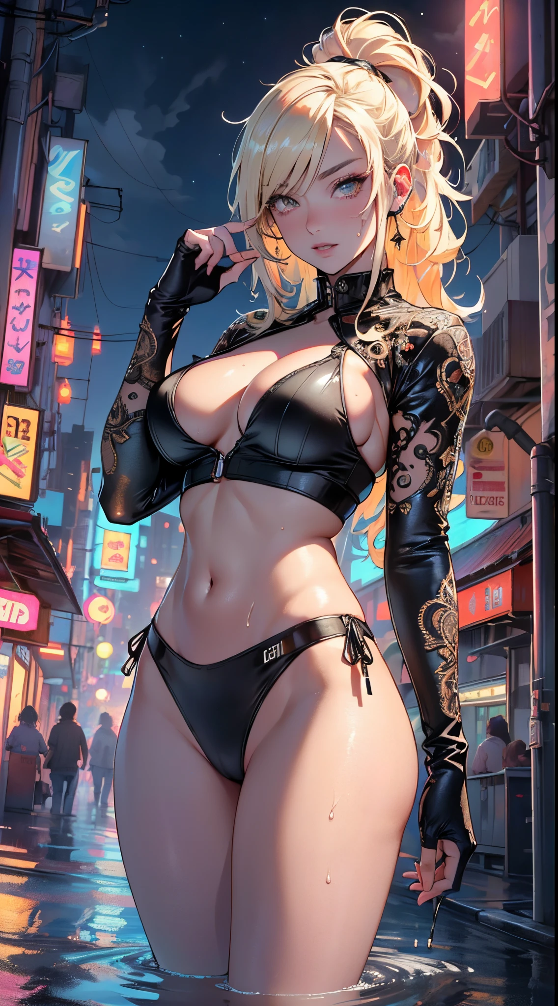 girl swimmer,((girl with extremely cute and beautiful blonde hair)),
(large breasts:1.4),saggy breasts,(((very light blonde ponytail hair:1.35,straight hair,ponytail long hair:1.4,colored inner hair,ear breathing))),((heterochromia:1.5, (pink_eye and yellow_eye))),intricate eyes,beautiful detailed eyes,symmetrical eyes,((fat)),(((lustrous skin:1.5,bright skin: 1.5,skin tanned,shiny skin,very shiny skin,shiny body,plastic glitter skin,exaggerated shiny skin,illuminated skin, wet legs))),(spider lower abdomen,narrow waist,wide hip,athletic body,inflated legs,detailed body,(detailed face)),
cute,slutty,seductive,erotic,((nsfw)),
zettai ryouiki,((two-piece swimsuit magenta,wearing a bikini outfit:1.3,sport bikini)),(rgb headphones:1.5,cyber gloves:1.5,huge mech-gloves),((wet clothes,intricate outfit,intricate clothes,intricate swimsuit, intricate bikini)),
(dynamic pose:1.0),embarrassed,(centered,scale to fit dimensions,Rule of thirds),
cyberpunk city by the ocean at night, with bright neon signs and dark stormy clouds and puddles, scenery:1.25,nighttime, starry night, cosmos,Very dark night that makes the neon lights stand out, very bright neon lights,nighttime, starry night, cosmos,Very dark night that makes the neon lights stand out, very bright neon lights,
artistic photography,(photography taken by sldr),highres, sharp focus,(ultra detailed, extremely detailed), (photorealistic artwork:1.37),(extremely detailed CG unity 8k wallpaper),((synthwave background theme)),(((vibrant colors))),intricate,(intricate background),(masterpiece),(best quality),perfect rendered face,perfect face details,realistic face,photo realistic,analog style,((intricate detail)),(((realism))),