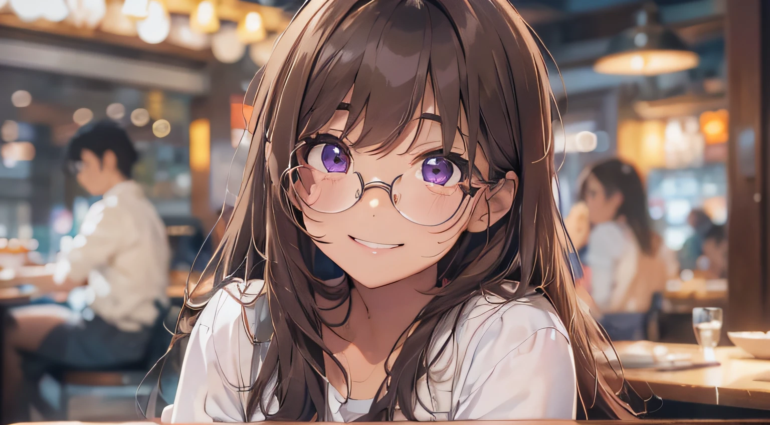 masterpiece、top-quality、(brown colored long hair、I have bangs:1.1)、25 year old woman with purple eyes、wears glasses、wearing a white shirt without a collar、sitting on、(flat breast:1.1)、(Smiling expression:1.3)、(Staring:1.5)、(Close-up of the subject's face:1.3)、having a dinner、Place the camera above the subject、The background is a luxury restaurant at night.、Bold composition、Upper body is shown、Alone、