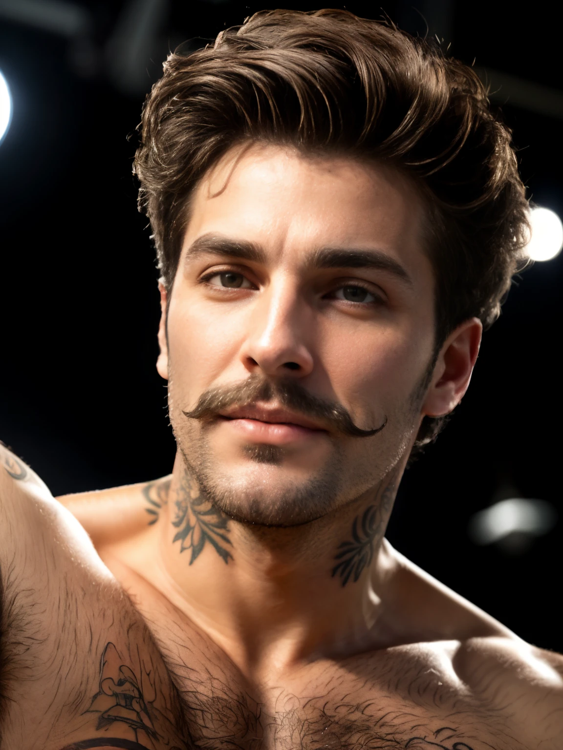 masterpiece, best quality, high resolution, closeup portrait, male focus, solo focus, A man, singer, male version of Lana Del Rey, male version of Lana Del Rey, tattoos, very skinny body, on a stage messy hair, pretty face, detailed face, bare chest, body hair, hairy chest, wearing artist clothes, very hairy body, facial hair, trimmed mustache, hairy legs, view from below, dimples, wearing dirty white briefs, sfw, visible dark pubic hair, cute face, bold jawline, dimples, model attractive face, in the background a stage, seductive sexy smirk, unshaved, amazing composition, HDR, ultra quality, elegant, highly detailed