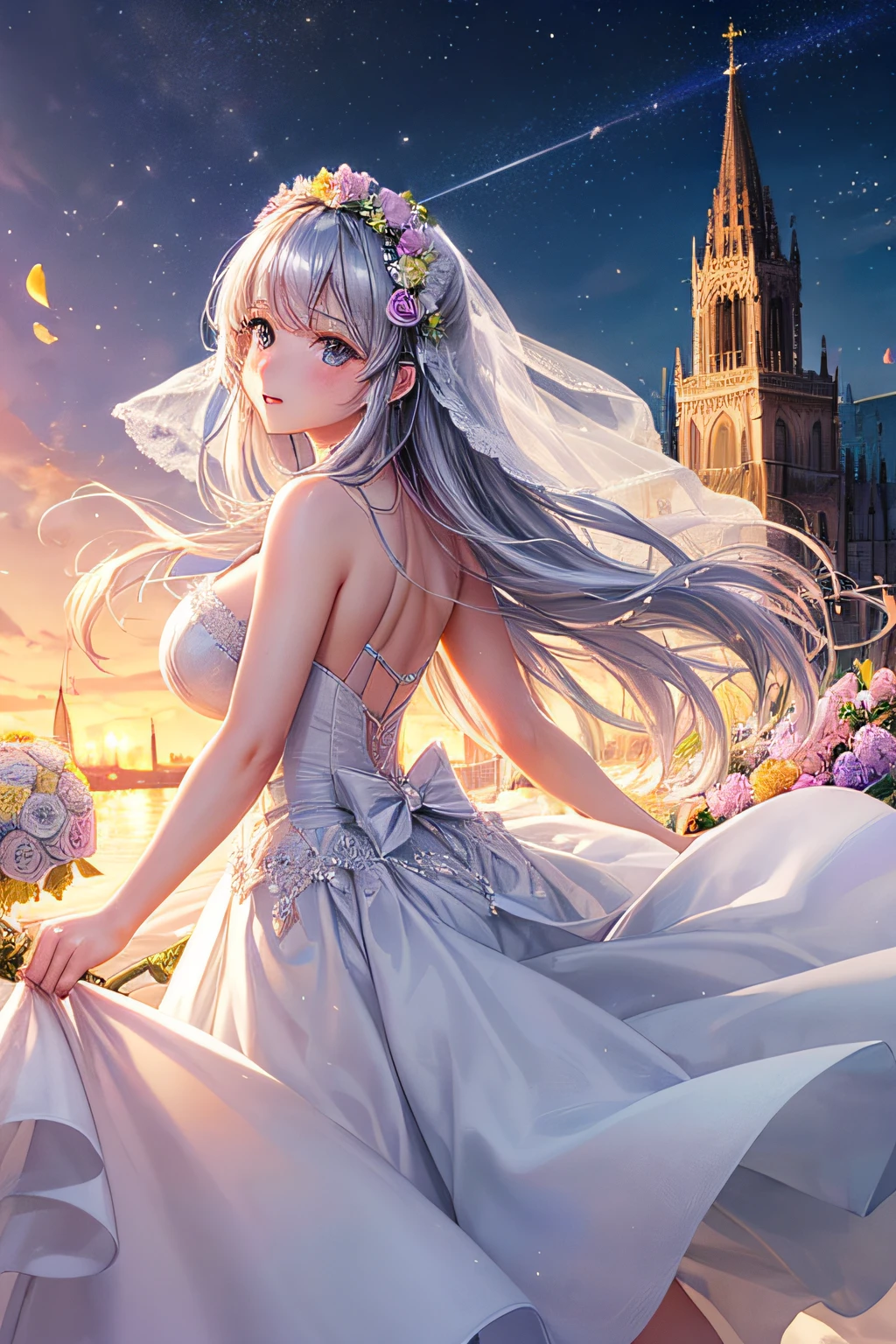 ((worst quality, low-quality)), Super delicate, ​masterpiece, ((With the majestic cathedral in the background):1.4)), ((sparkling moonlight, the blue moon)), (light Particle, light glow, llight rays:1.4), ((garl,Solo)), (Big breasts), (wedding dress, long  skirt:1.2), (Long silver hair), plump shiny lips, Beautiful clear eyes, Spoken Heart,  Hair and skirt fluttering in the wind, (((perfect hand))), (((Have a big bunch of beautiful colorful flowers in one))), composition of reflection, masutepiece,Best Quality,ultra-detailliert,