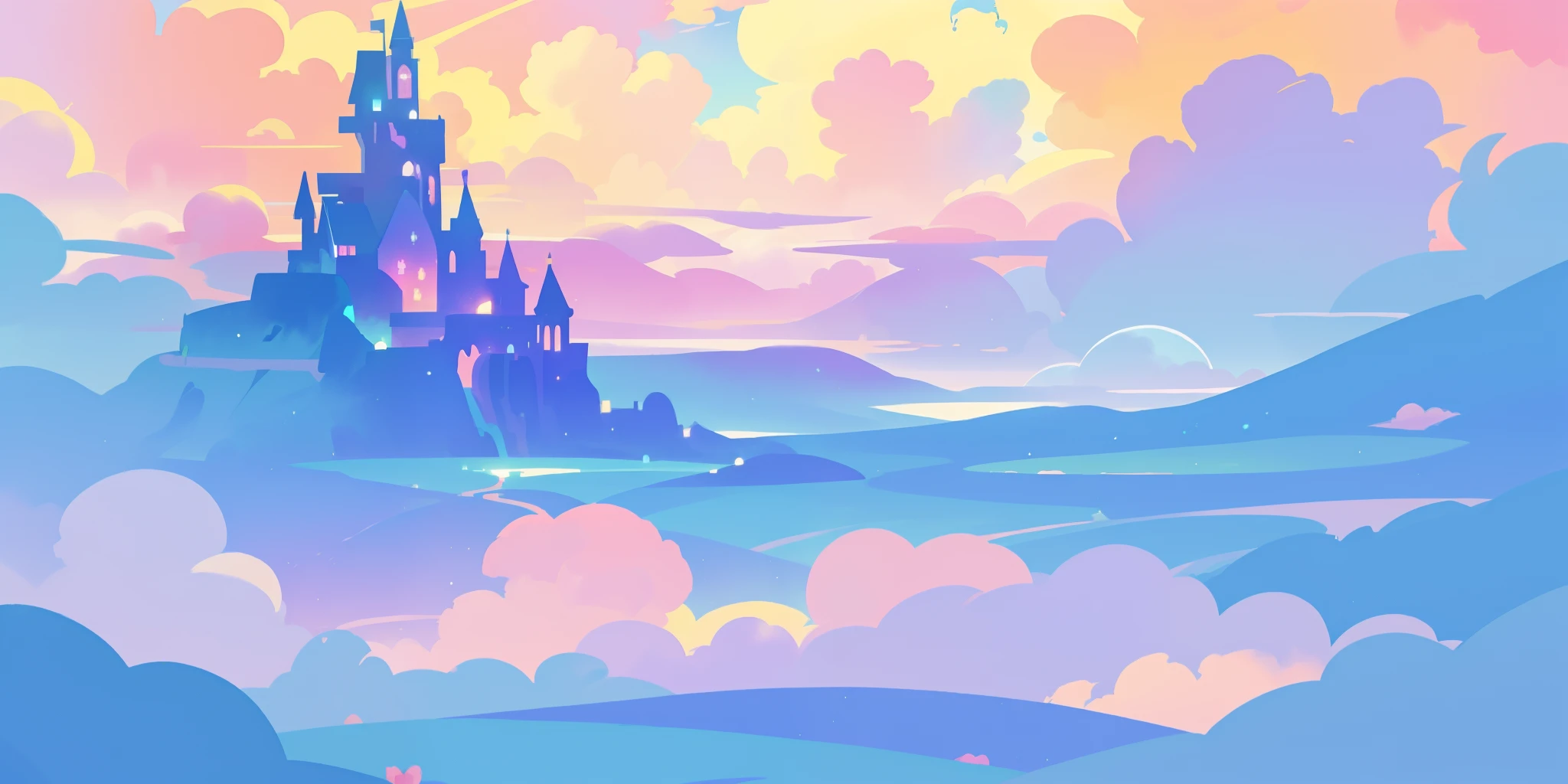 beautiful fantasy landscape, vibrant colors, (((otherworldly landscape))), whimsical landscape, cloud castle, huge clouds, ocean of clouds, watercolor illustration, disney art style, glowing lights, beautiful digital illustration, fantasia otherworldly landscape plants flowers, beautiful, masterpiece, best quality, anime disney style