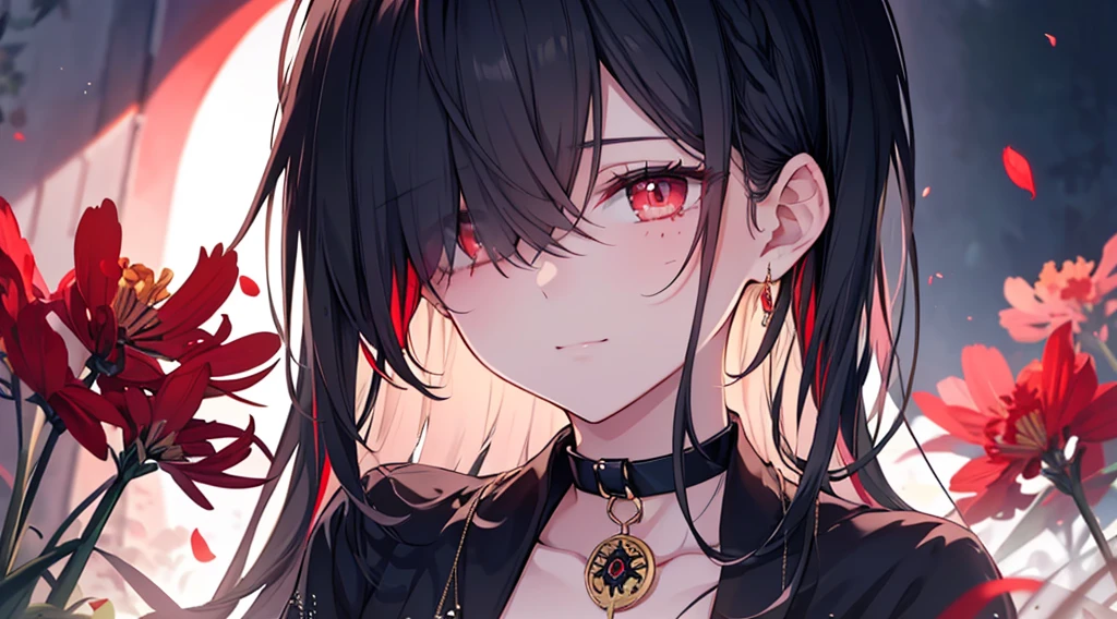 (extremely detailed CG unity 8k wallpaper), (((ultra-detailed))), ((extremely detailed)), (((best illustration))), best illumination, ((extremely delicate and beautiful)), ((an extremely delicate and beautiful girl)), colorful, lycoris radiata, (manjusaka:1.1), red flower field, (((colorful flowers))), ((1 girl, solo)), {{finely detailed beautiful eyes and detailed face}}, expressionless, sad smile, long hair, (((black hair))), straight bangs, (hair over right eye:1.9), red eyes, empty eyes, beautiful detailed eyes, mature female, gentle, slender, medium breast, (no ears:1.9), (black red fox ears), (black red fox tail), (((intricate details))), (Black and red knee-length kimono dress), medium height black boots, ((black choker with red pendent)), manjusaka/lycoris radiata birthmark on the neck, sitting, bishoujo, 19_years_old