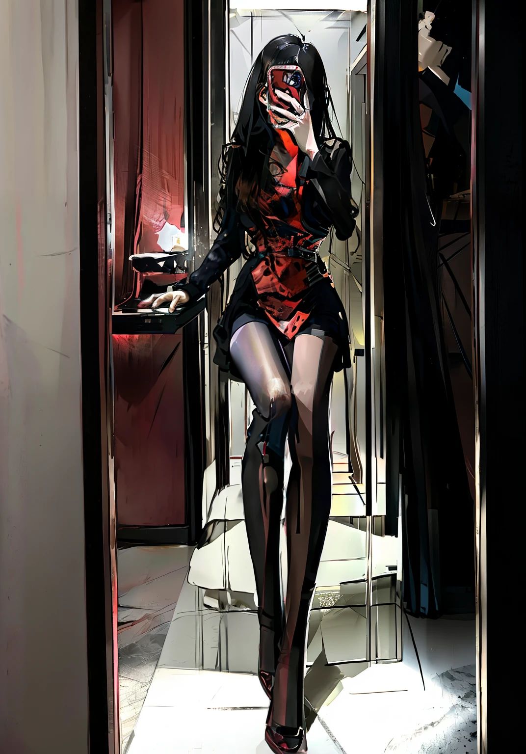 a close up of a dressing room a round mirror above it, red style, dark and modern, modern dressing room, joyful vibe and lighting, dark vignette, black color scheme, vibrant dark mood, dark interior, in bathroom, black and terracotta, moody vibe, moody ambiance, detailed surroundings, in style of kyrill kotashev, all black matte product