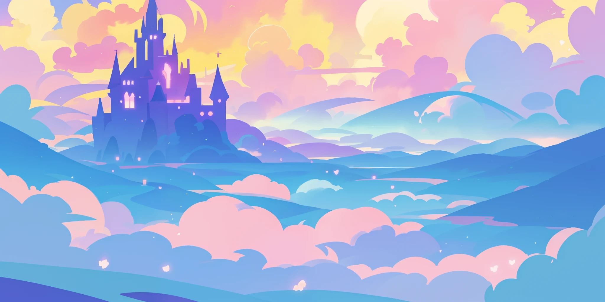 beautiful fantasy landscape, vibrant colors, (((otherworldly landscape))), whimsical landscape, cloud castle, huge clouds, ocean of clouds, watercolor illustration, disney art style, glowing lights, beautiful digital illustration, fantasia otherworldly landscape plants flowers, beautiful, masterpiece, best quality, anime disney style