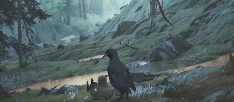 Two birds are sitting on a branch in the middle of the forest, Kuro anime screenshots, video game screenshot, immensely detailed scene, game screenshot, Screenshot of the animated movie, video game stills, game screenshot, video game screenshot, Animated static screenshot, anime movie screenshot, Takato Yamamoto. 4k, animated movie still, animated still