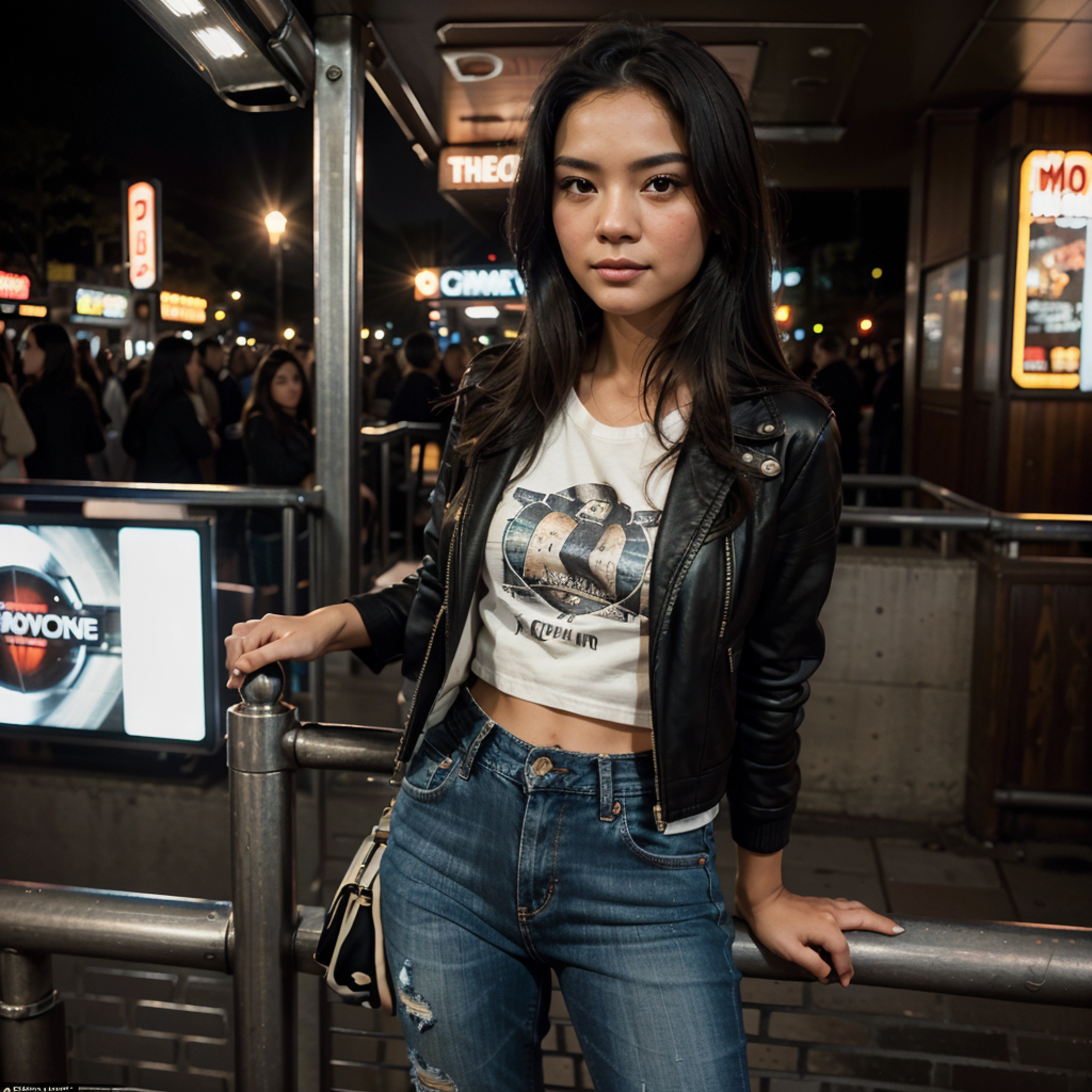 Cinematic Glamour at the Cinema
Style of Photo: Paparazzi Style
Subject: A photorealistic portrait of a 25-year-old Thai girl with long, flowing black hair and striking brown eyes.
Pose: Leaning against a railing outside the cinema, capturing a relaxed and contemplative mood.
Framing: Full Body
Camera Angle: Eye Level
Camera Properties: Canon EOS 5D
Lens: 50mm Fisheye Lens
Photographer: Garry Winograd
Background: The cinema's vibrant lights and the anticipation of a movie night create an exciting atmosphere. The surroundings are filled with the buzz of people heading for a cinematic experience.
Outfit: Dressed in a chic ensemble, featuring distressed jeans, a graphic tee, and a leather jacket, she exudes a casual yet stylish vibe perfect for a night at the movies.
Emotions: The photograph captures the anticipation and excitement of a cinematic night out - a moment of calm before immersing herself in the world of storytelling on the big screen.