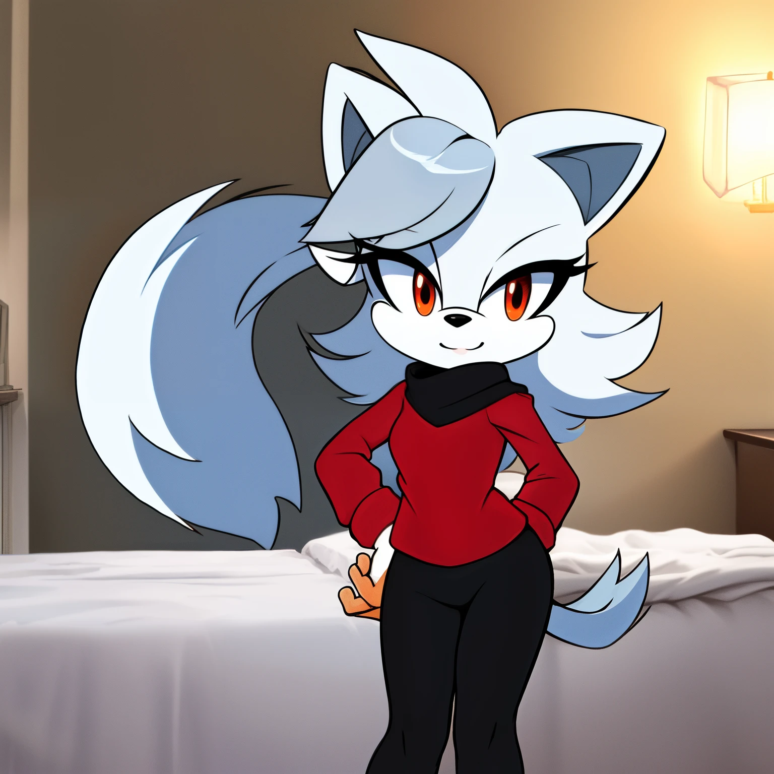 ((1girl)), ((solo)), female, mobian, fox, grayish white fur, furry, leaning forward with one hand on hip, sassy pose, comfy red shirt with black long sleeves, comfy black leggings, ((long grayish white hair)), ((long hair)), ((hair over shoulders)), red eyes, cat like muzzle, hair bangs, red eyes, smile, sleepy, comfy, looking at viewer, (background comfy looking bedroom), (best quality)