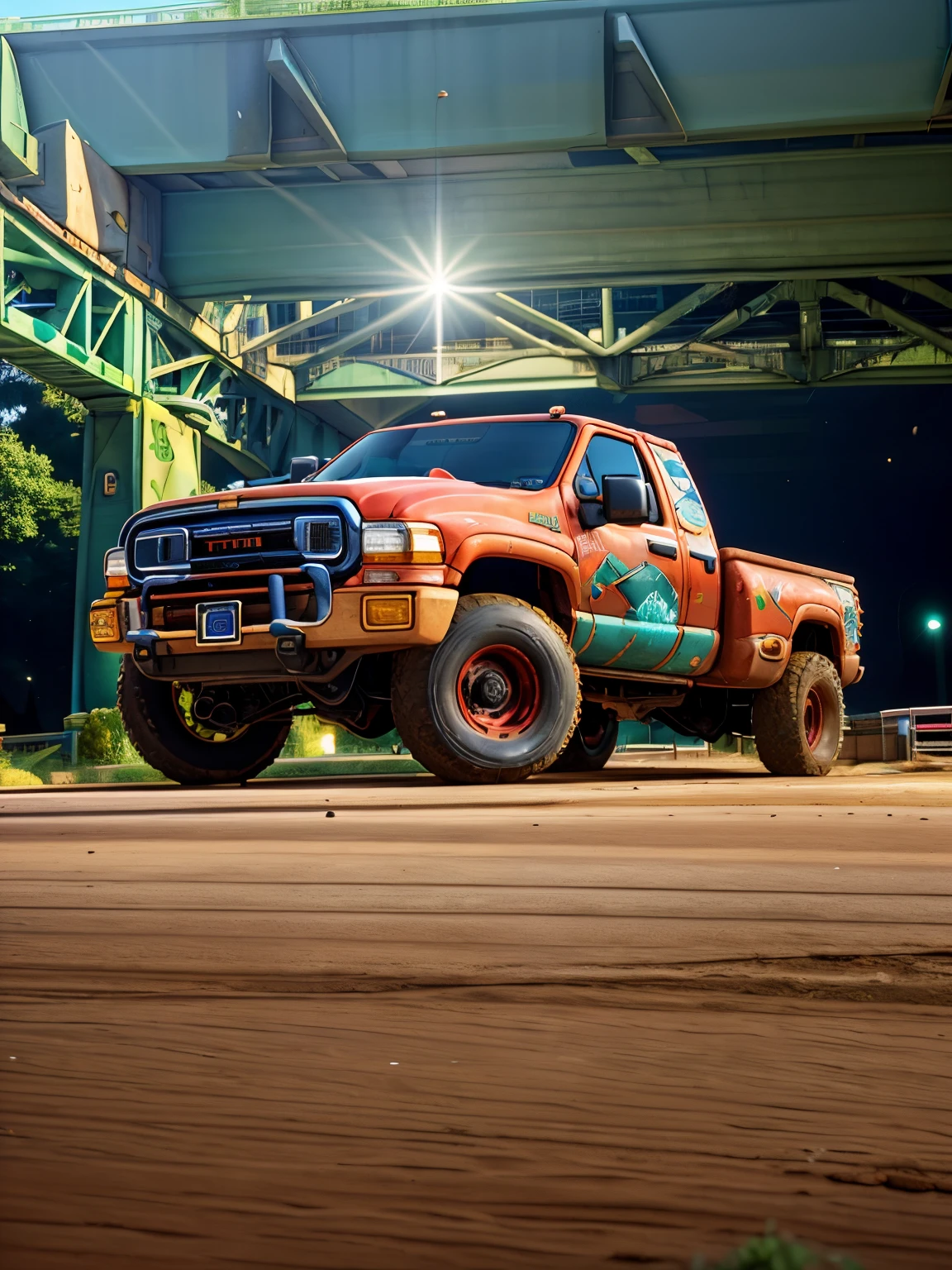 there is a truck that is parked under a bridge at night, battle ram, heavy vignette!, front side full, soft color dodge, profile shot, mid body shot, truck, heavy grainy picture, mid shot portrait, 1991, 1 9 9 1, hyperdetailed!, old school fpr, hyper detailed!!, lifted, very buff