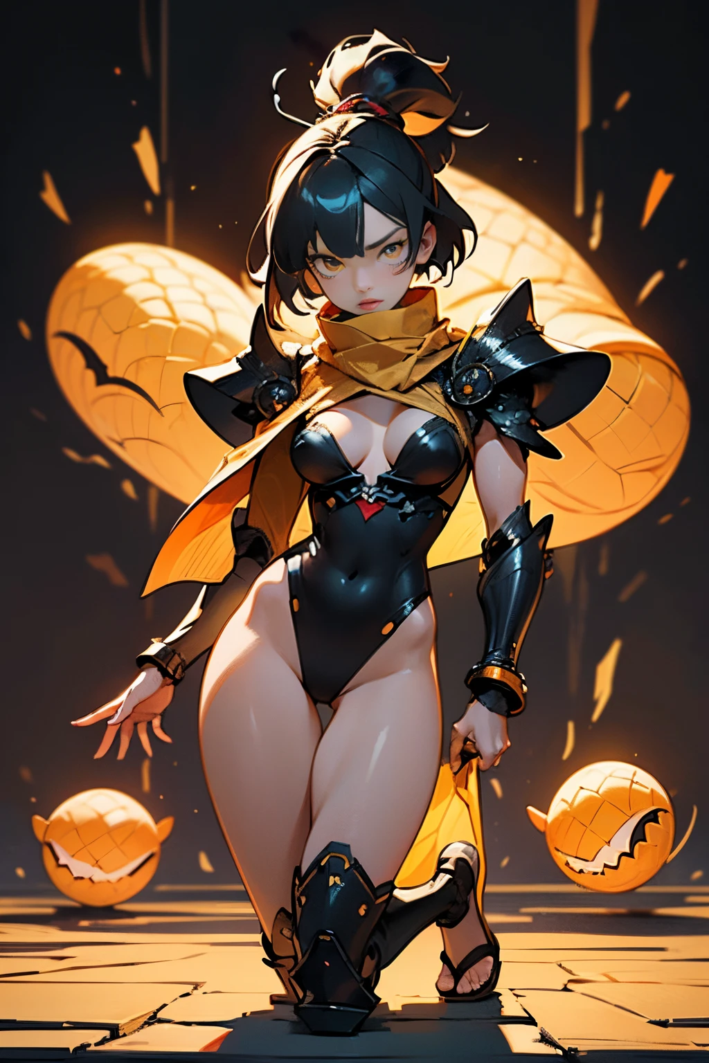 [Shinjuku background at night],(HENTAI ANIME) (Japanese NINJA Girl (Beauty) 15yo student) petite and muscular [Slim & fit body], Short Bob Cut,([hornet] Orange Ninja Battle Armor) scarf [stall] ((Fitting rubber inner) [honeycomb] [edg]) hair adornments (Dull metallic luster:0.8),gravure [KUNOICHI],(Perfectly proportioned),Ideal color coordination),(Intricate and beautiful decoration (Dense detail)),[Perfect hand details],(Beautiful perfect face, yellow eyes, yellow irises, [Perfect eye details, [Full body like], fit thighs, thigh gap,[[Desaturation]], pretty hands, perfect fingers
