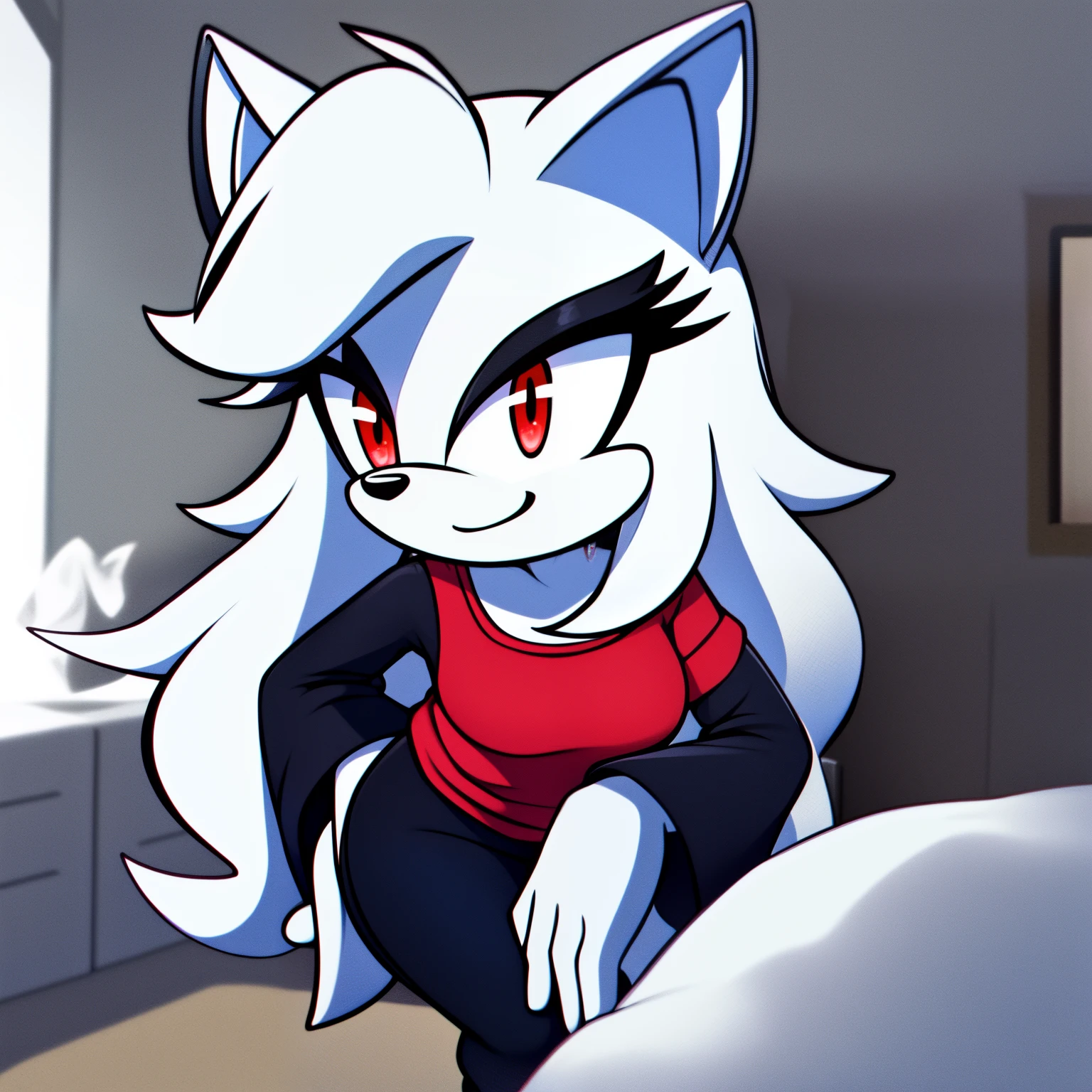 ((1girl)), ((solo)), female, mobian, fox, grayish white fur, furry, leaning forward with one hand on hip, sassy pose, comfy red shirt with black long sleeves, comfy black leggings, ((long grayish white hair)), ((long hair)), ((hair over shoulders)), red eyes, cat like muzzle, hair bangs, red eyes, smile, sleepy, comfy, looking at viewer, (background comfy looking bedroom), (best quality)