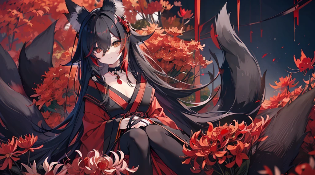 (extremely detailed CG unity 8k wallpaper), (((ultra-detailed))), ((extremely detailed)), (((best illustration))), best illumination, ((extremely delicate and beautiful)), ((an extremely delicate and beautiful girl)), colorful, lycoris radiata, (manjusaka:1.1), red flower field, (((colorful flowers))), ((1 girl, solo)), {{finely detailed beautiful eyes and detailed face}}, expressionless, sad smile, long hair, (((black hair))), straight bangs, (hair over right eye:1.9), red eyes, empty eyes, beautiful detailed eyes, mature female, gentle, slender, medium breast, (no human ears:1.9), (black red fox ears:1.9), (black red fox tail:1.9), (((intricate details))), (Black and red knee-length kimono dress), medium height black boots, ((black choker with red pendent)), manjusaka/lycoris radiata birthmark on the neck, sitting, bishoujo, 19_years_old