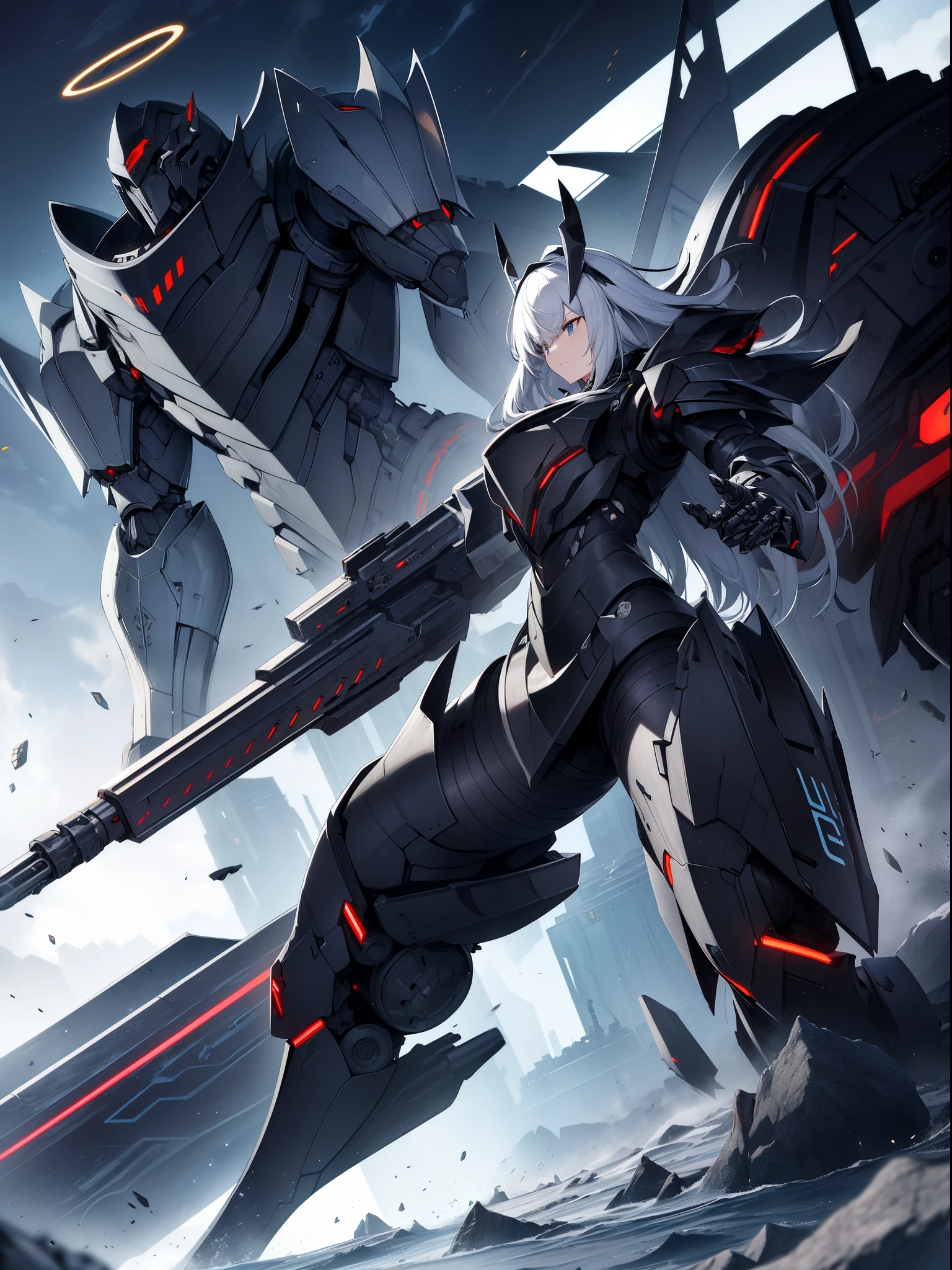 Top quality, masterpiece, highly detailed 8k wallpaper, female robot, mechanical joint limbs, the whole body is covered with heavy mechanical armor, connected cables, tubes connecting the body, long white hair, huge armor on both shoulders, huge thrusters on the hips, open stance, depiction from knees to head, floating mechanical fortress, (Sharp-angled headgear on both sides of the head:1.2), (Mechanical Giant Black Halo: 1.2), backpack weapon, Black Giant Weapon, Black Giant Canon, Black Giant Laser Rifle, Mechanical Nuclear Giant Rifle,