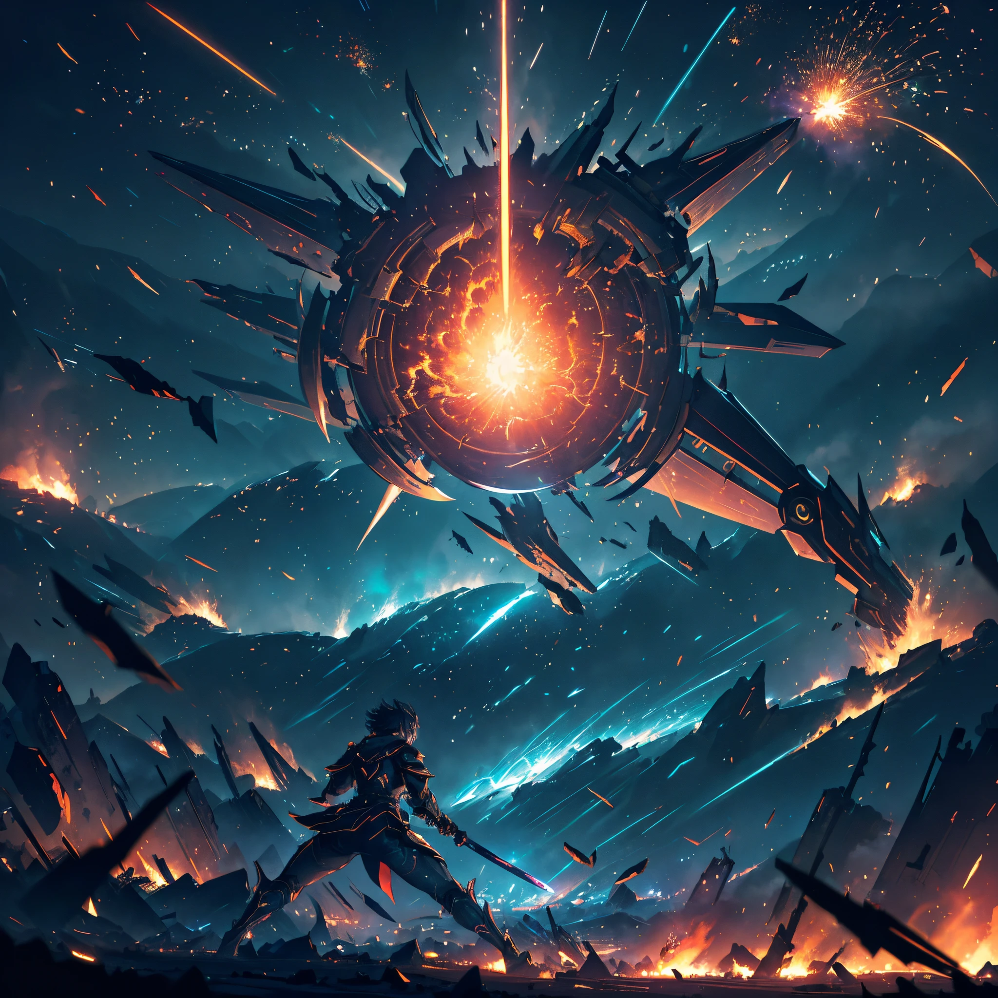 (high-quality,4k,ultra-detailed),(anime:1.1),(action-packed:1.05),(dynamic),(epic),(intense),(beautiful),(dark, moody lighting),(shimmering colors),(fantasy setting),(flawless characters),(sharp focus),(sword), (fight), (swift movements), (fierce expressions), (a girl and a boy), (slicing through the air), (sparks flying), (powerful energy), (intense emotions), (battlefield), (ground trembling), (dramatic poses), (motion blur), (brilliantly choreographed), (cinematic atmosphere), (suspenseful), (detailed anatomy), (explosions in the background), (futuristic technology), (flying debris),(captivating), (hand-drawn animation), (epic soundtrack).