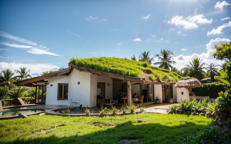 A photograph of a symmetrical contemporary house with (((green roof))) and (((biological pool))) in a tropical backyard, white plaster walls (((rustic clay stucco))), ((corner walls rounded)), ((rustic clay plaster)), (((white walls with rounded corners, organic curves))), (((rustic earth plaster, mud))), (((wave-shaped green roof with wooden edge))), (((wooden roof structure, wooden rake, wooden fascia board))), eaves, porch with wooden pillar, ((roof with wooden structure)), In Bali (((Tropical garden))) , ((natural houses, organic buildings, organic architecture)), Ecovillage, sustainable architecture, Bioconstruction, solarpunk architecture, (((grass roof, green roof, green wave roof, rounded roof, vegetated roofs))), ( (green architecture)), Passive house, (((Rock Foundation))), Clear sky in the background, painful beauty, modern, imposing, green house, ((Bali Hadid Style)), super resolution, cinematic, color grading , editorial photography, photography, photo shoot, (((dramatic front eye top angle view))), O 50mm, depth of field, intricate details, natural colors, sharp focus, warm light, shutter speed 1/1000 , F/22 , White Balance, Ray Trace Reflections, Lumen Reflections, Screen Space Reflections, Diffraction Rating, Chromatic Aberration, GB Shift, Partial Lighting, Backlighting, Daylighting, Scan Lines, ambient occlusion, antialiasing, shaders, OpenGL-Shaders, GLSL-Shaders, Post-processing, post-production, shading, tone mapping, incredibly detailed and complex, hypermaximalist, elegant, hyperrealistic, super detailed, dynamic pose, Fujifilm XT