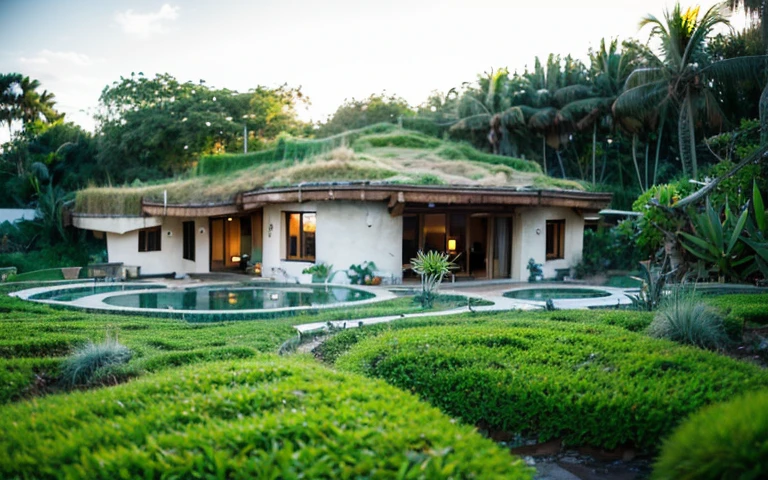 A photograph of a symmetrical contemporary house with (((green roof))) and (((biological pool))) in a tropical backyard, white plaster walls (((rustic clay stucco))), ((corner walls rounded)), ((rustic clay plaster)), (((white walls with rounded corners, organic curves))), (((rustic earth plaster, mud))), (((wave-shaped green roof with wooden edge))), (((wooden roof structure, wooden rake, wooden fascia board))), eaves, porch with wooden pillar, ((roof with wooden structure)), In Bali (((Tropical garden))) , ((natural houses, organic buildings, organic architecture)), Ecovillage, sustainable architecture, Bioconstruction, solarpunk architecture, (((grass roof, green roof, green wave roof, rounded roof, vegetated roofs))), ( (green architecture)), Passive house, (((Rock Foundation))), Clear sky in the background, painful beauty, modern, imposing, green house, ((Bali Hadid Style)), super resolution, cinematic, color grading , editorial photography, photography, photo shoot, (((dramatic front eye top angle view))), O 50mm, depth of field, intricate details, natural colors, sharp focus, warm light, shutter speed 1/1000 , F/22 , White Balance, Ray Trace Reflections, Lumen Reflections, Screen Space Reflections, Diffraction Rating, Chromatic Aberration, GB Shift, Partial Lighting, Backlighting, Daylighting, Scan Lines, ambient occlusion, antialiasing, shaders, OpenGL-Shaders, GLSL-Shaders, Post-processing, post-production, shading, tone mapping, incredibly detailed and complex, hypermaximalist, elegant, hyperrealistic, super detailed, dynamic pose, Fujifilm XT