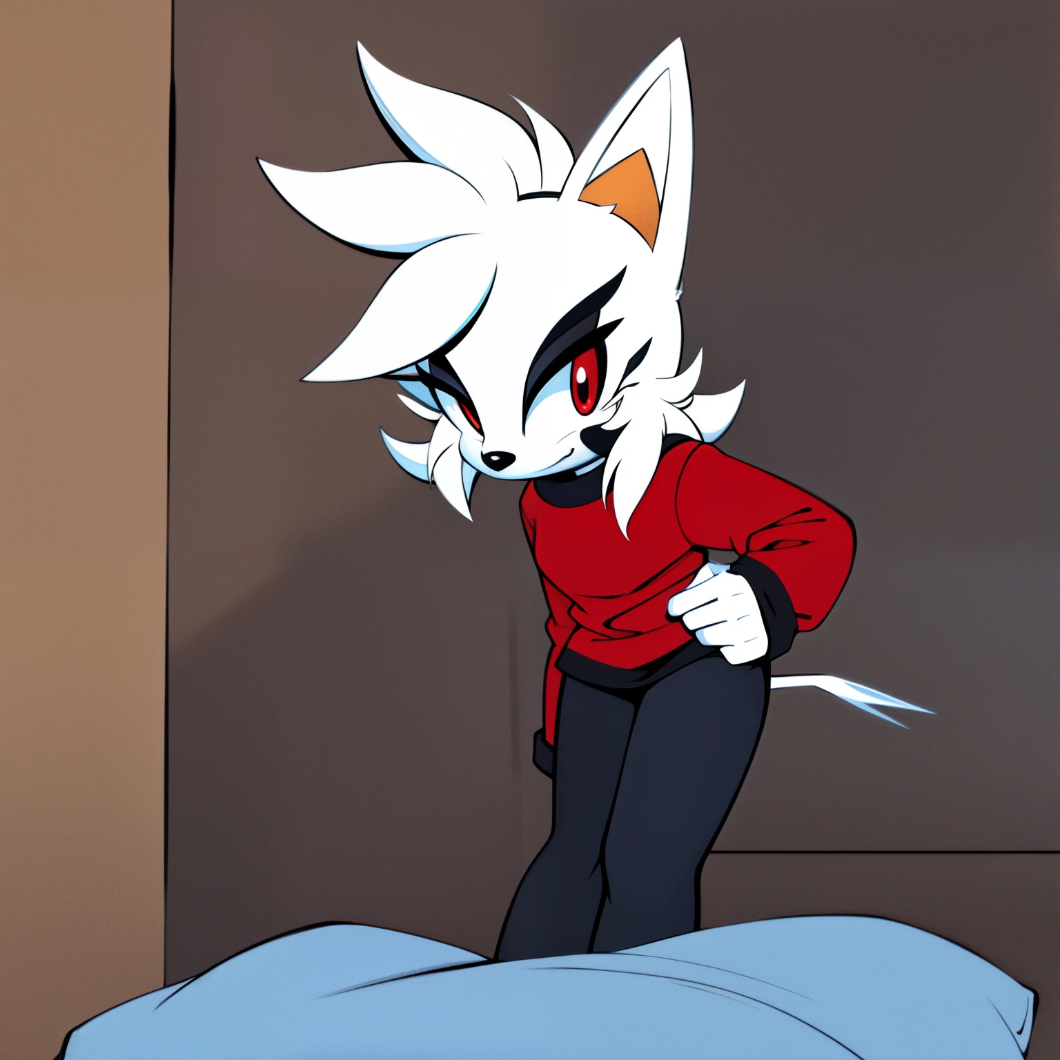 ((1girl)), ((solo)), female, mobian, fox, grayish white fur, furry, leaning forward with one hand on hip, sassy pose, comfy red shirt with black long sleeves, comfy black leggings, long grayish white hair, hair over shoulders, red eyes, cat like muzzle, hair bangs, red eyes, smile, sleepy, comfy, looking at viewer, (background comfy looking bedroom), (best quality)